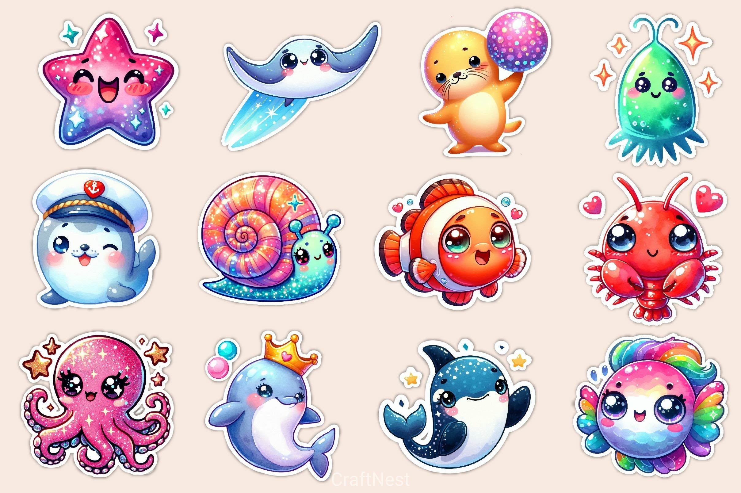 Cute Kawaii Sea Animals Clipart Bundle