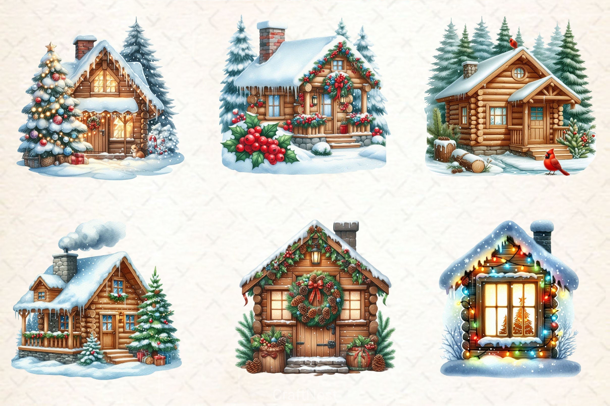 Winter Christmas Cabin Clipart Bundle