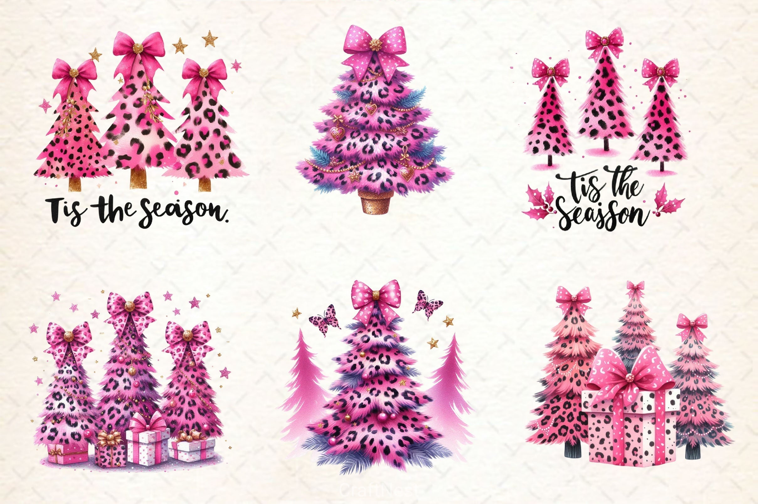 Pink Leopard Print Christmas Tree Clipart Bundle