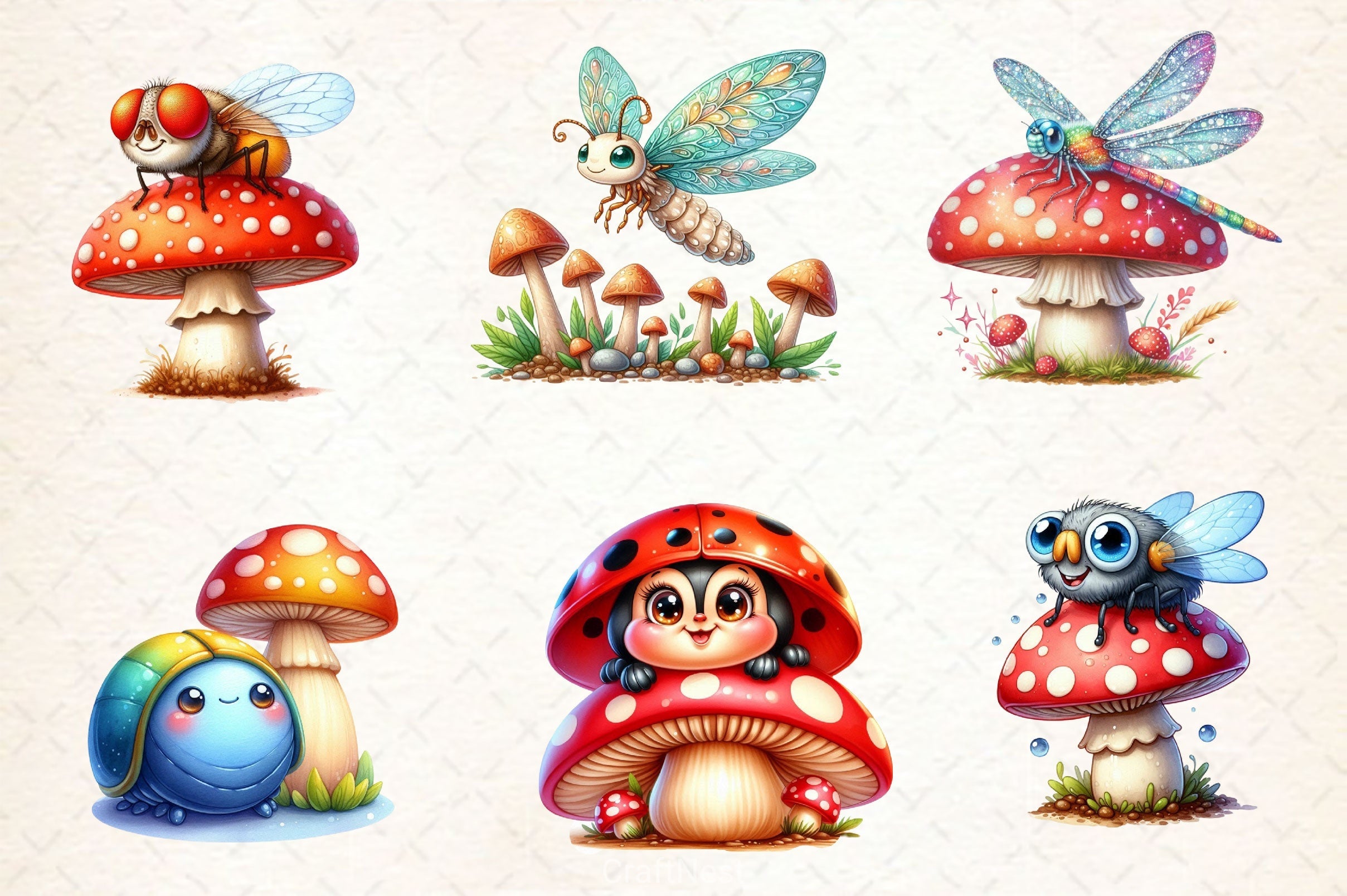 Cute Insects Mushroom Clipart Bundle 2