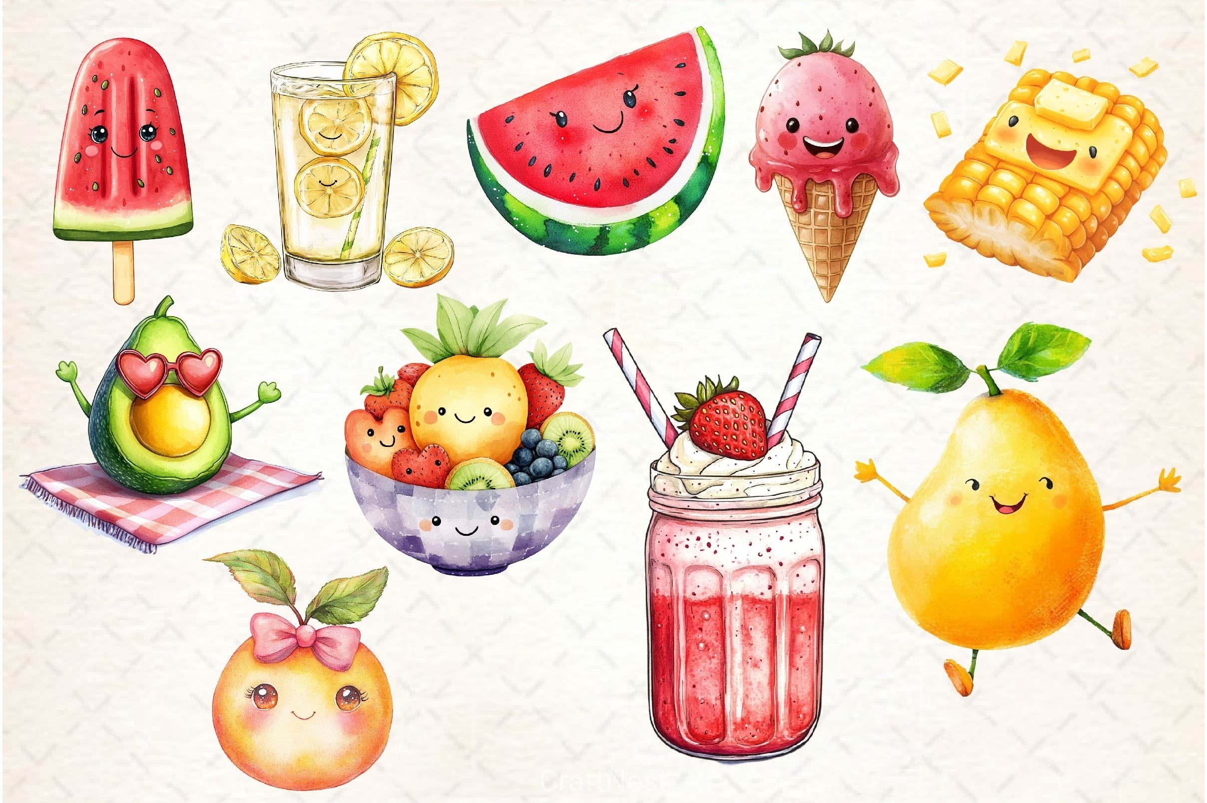 Summer Cute Fruits And Foods Clipart Bundle