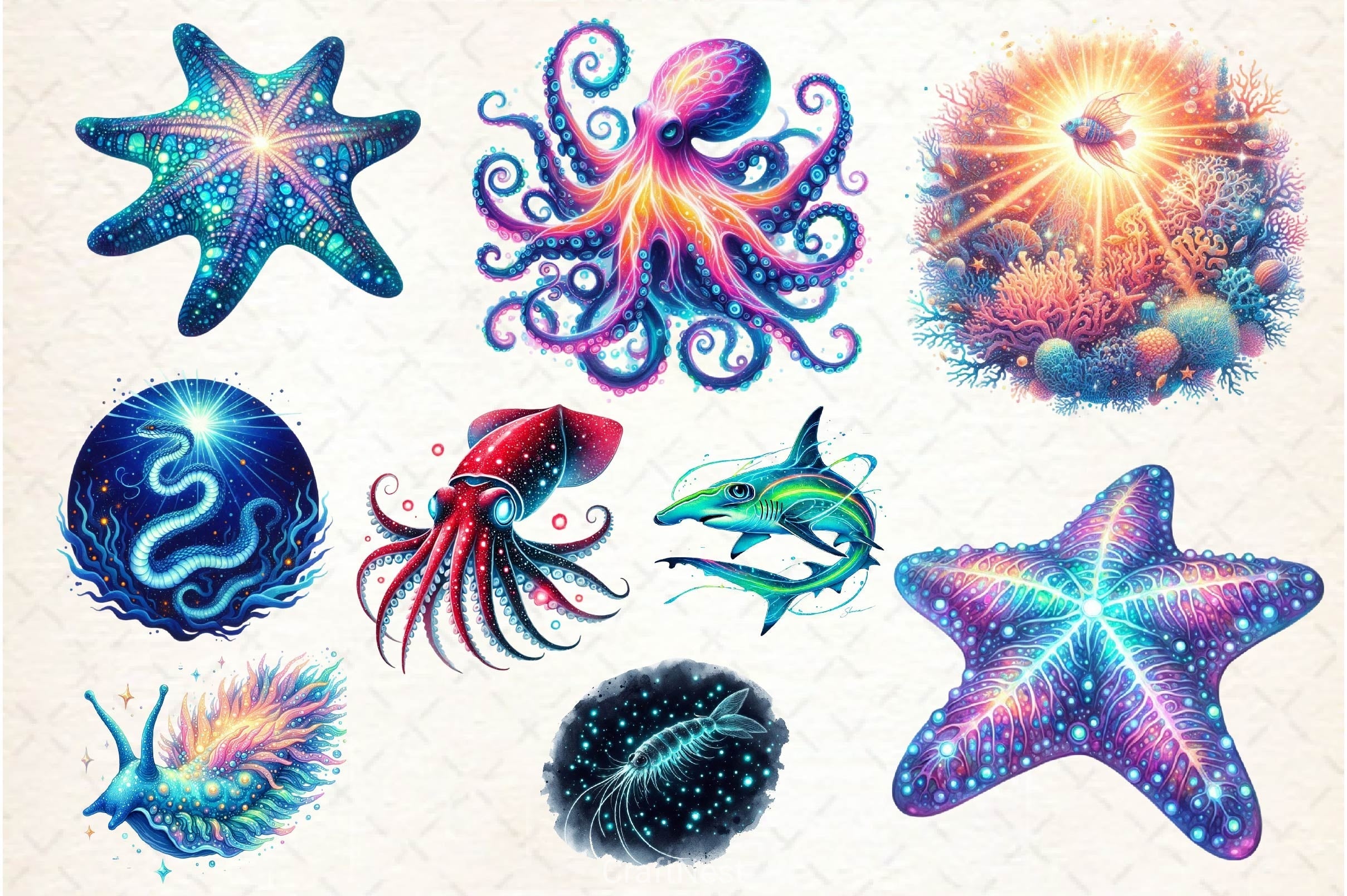 Bioluminescent Sea Animal Clipart Bundle 2