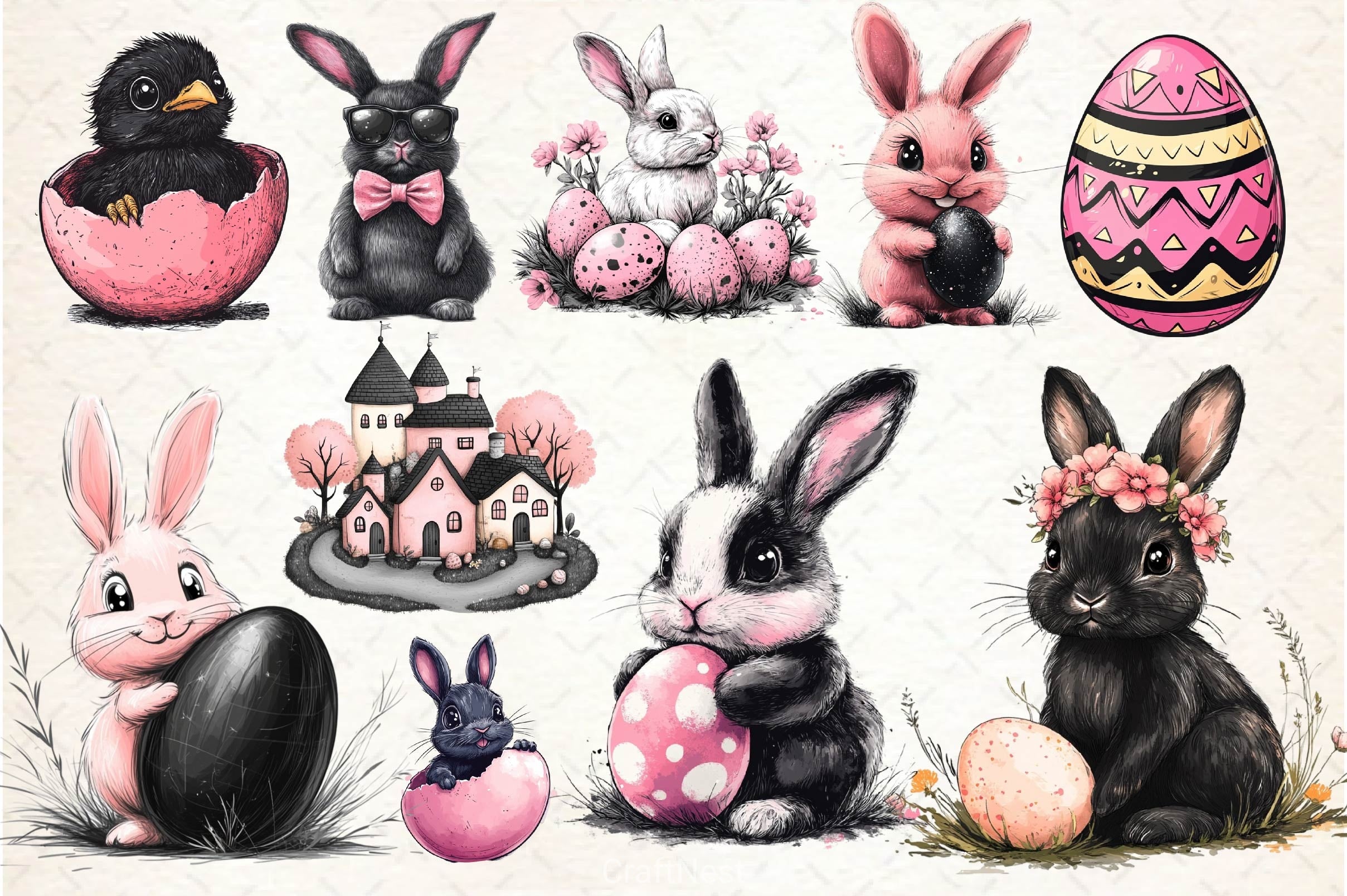 Easter Pink Black Easter Clipart Bundle