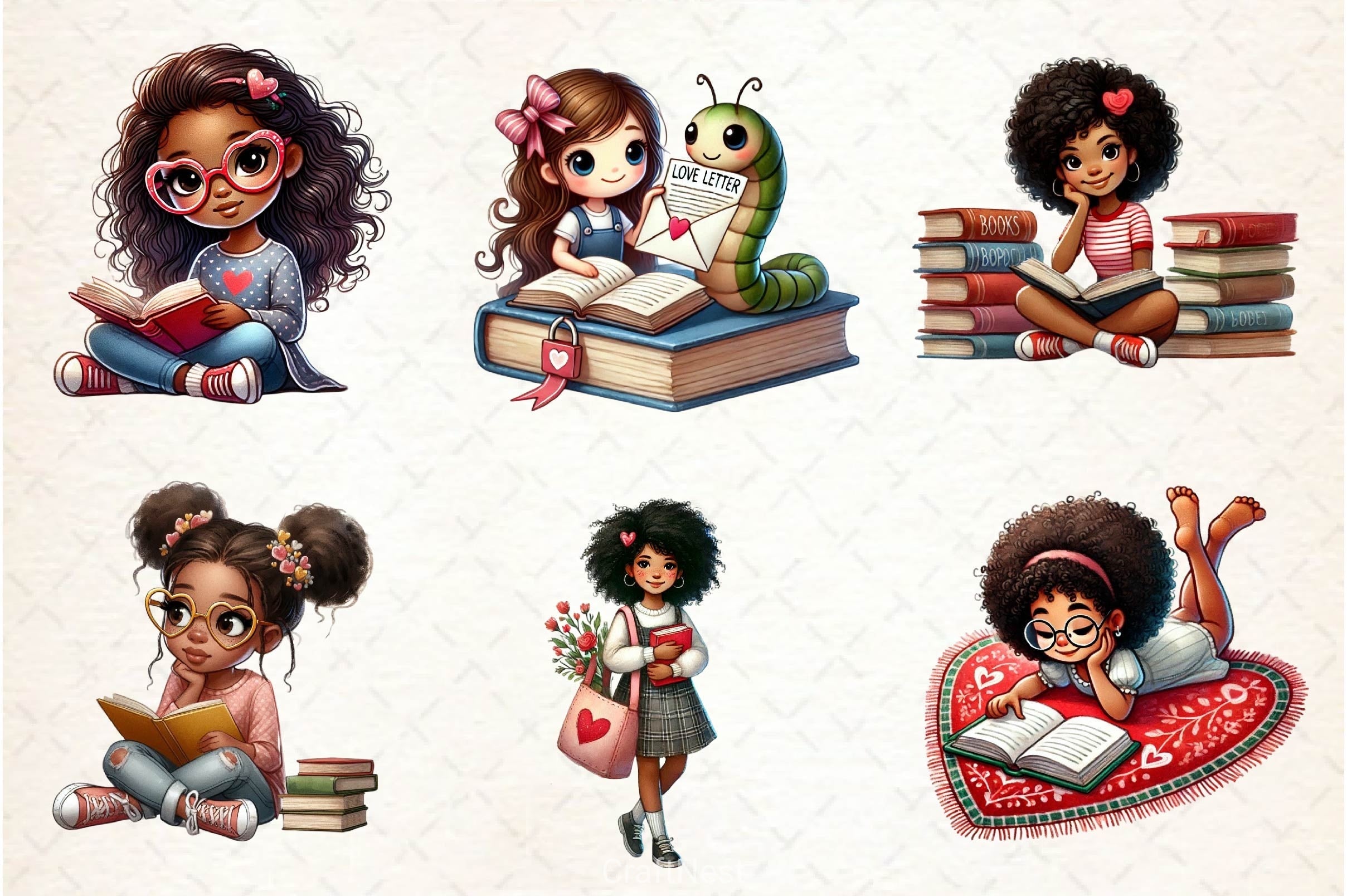 Valentine's Day Bookworm African Girl Clipart Bundle