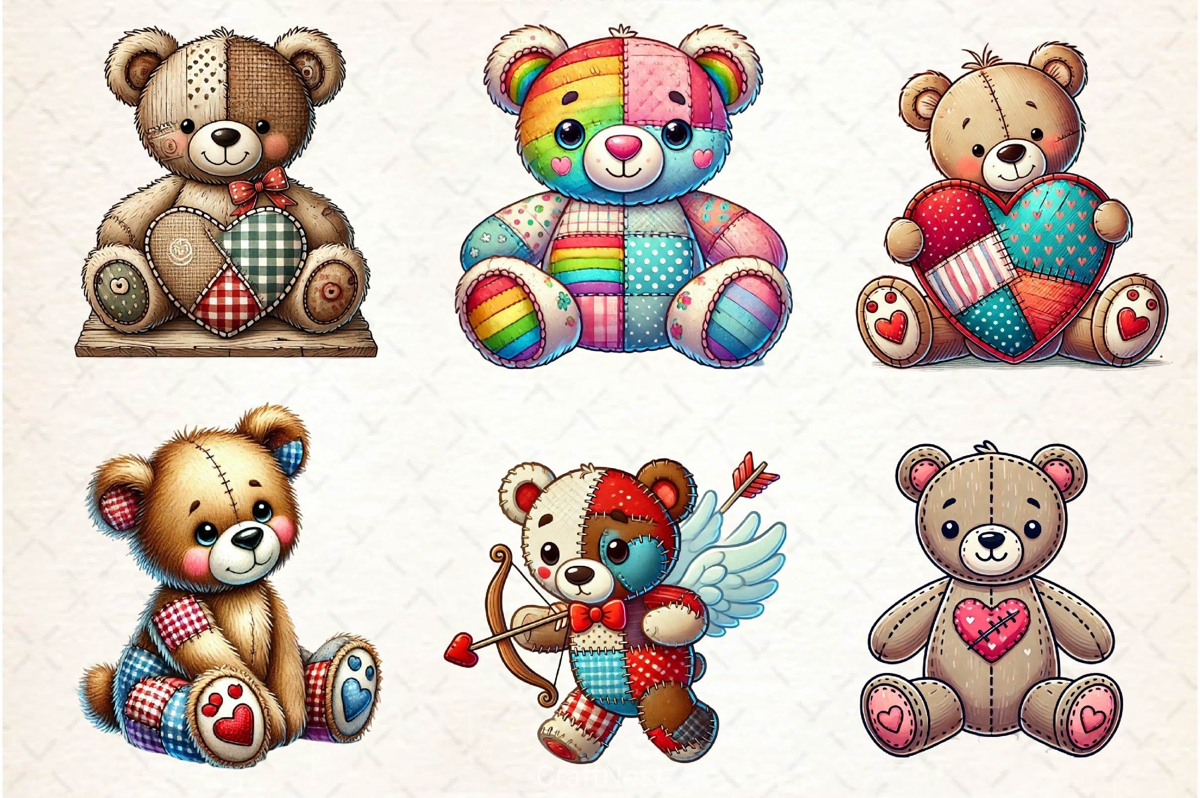 Patchwork Valentine's Day Teddy Bear Clipart Bundle