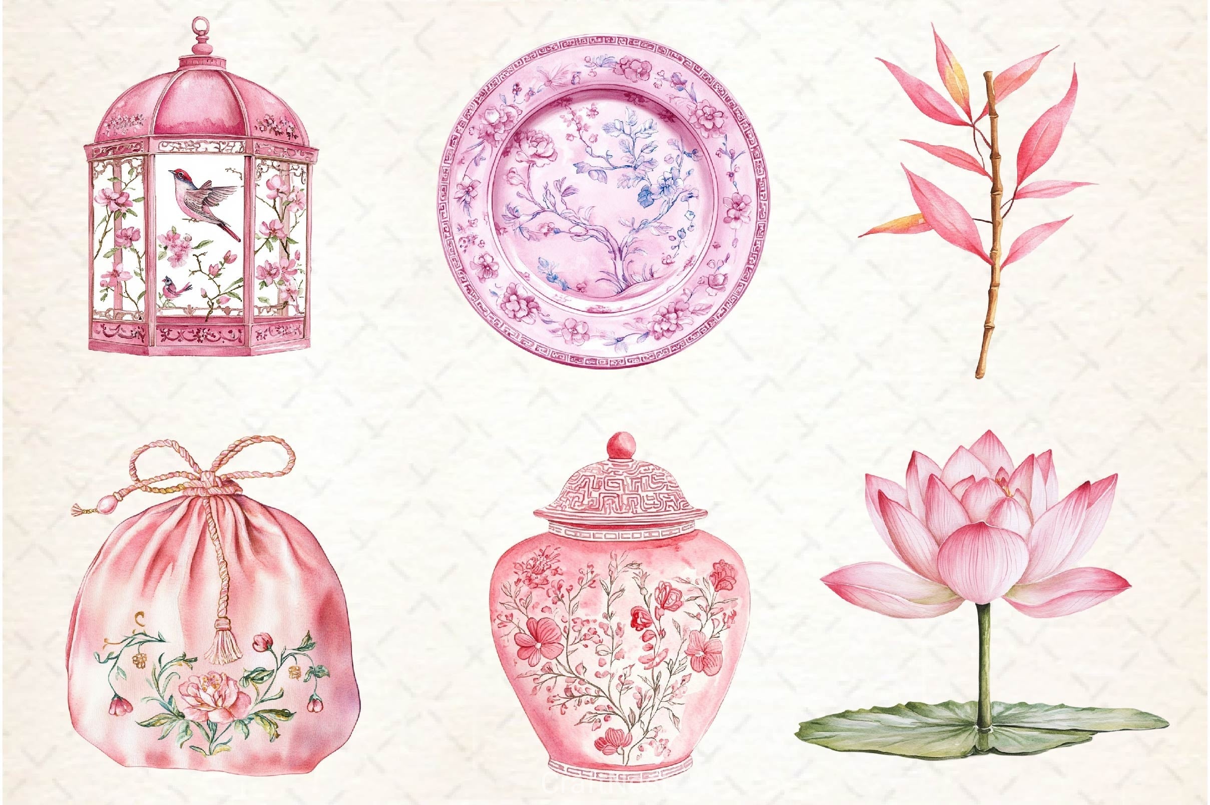 Pink Chinoiserie Summer Clipart Bundle 2