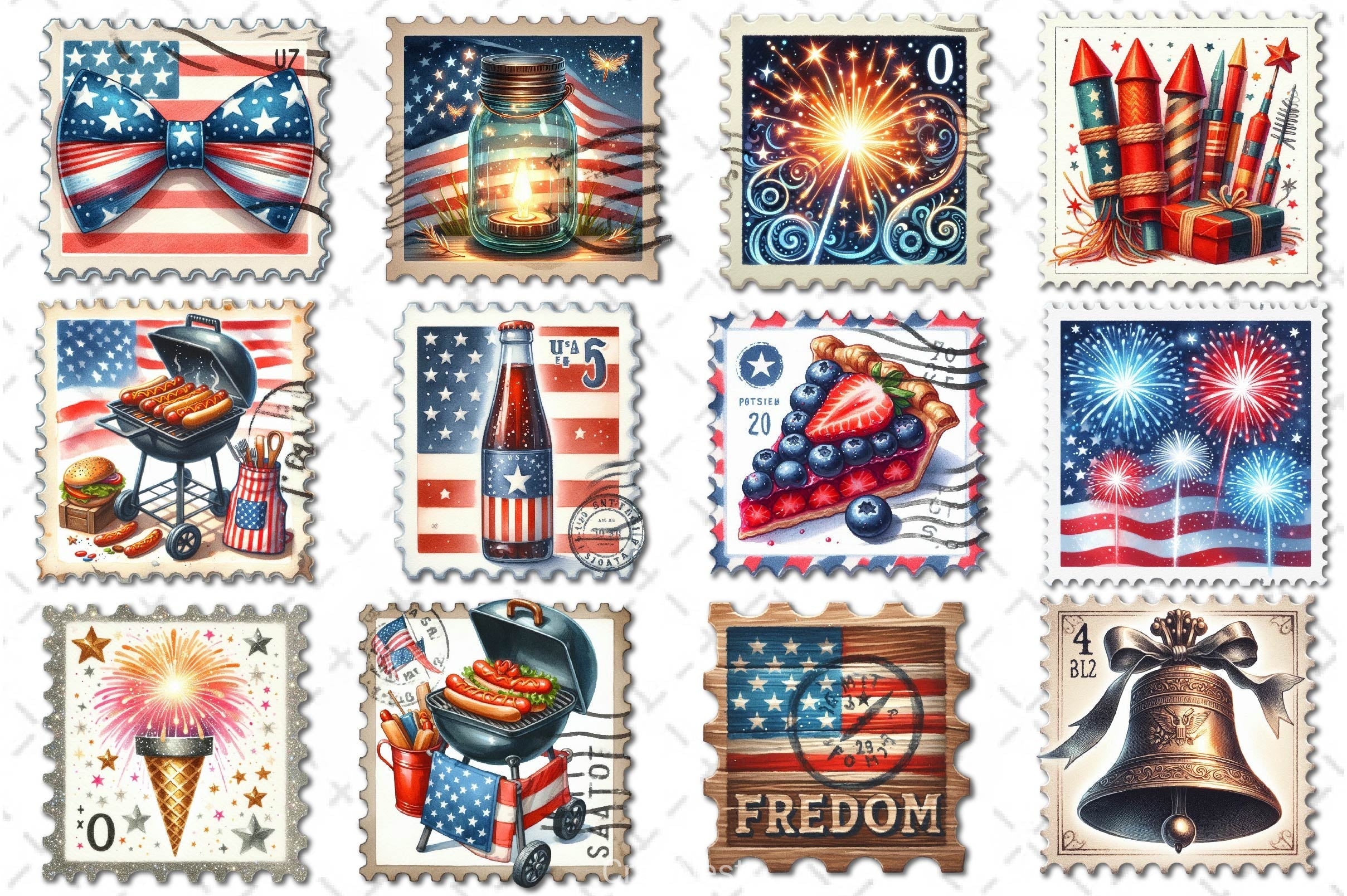 4th Of July Postage Stamp Clipart Bundle