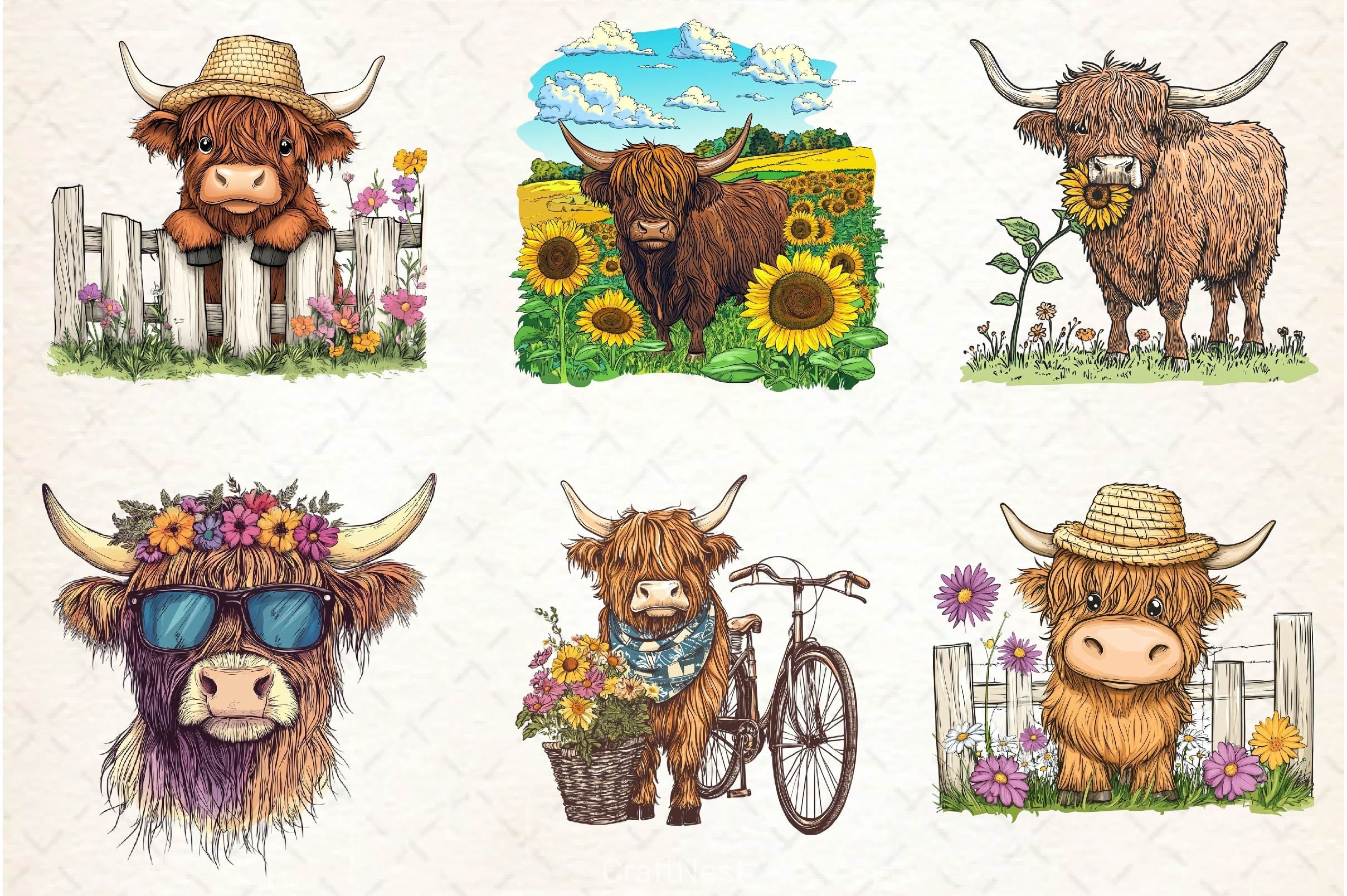 Summer Highland Cow Clipart Bundle 3