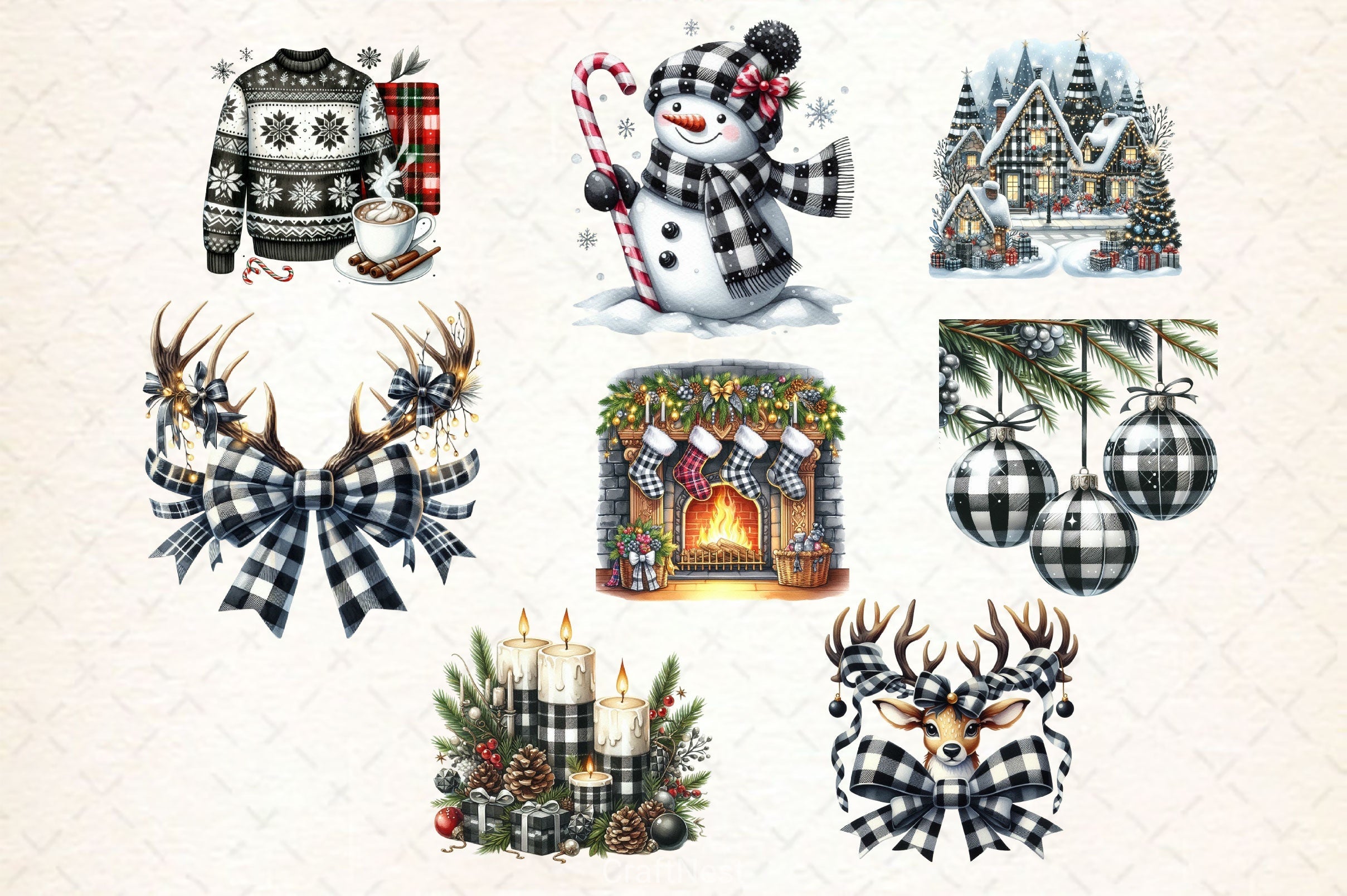 Luxury Plaid Black White Christmas Clipart Bundle