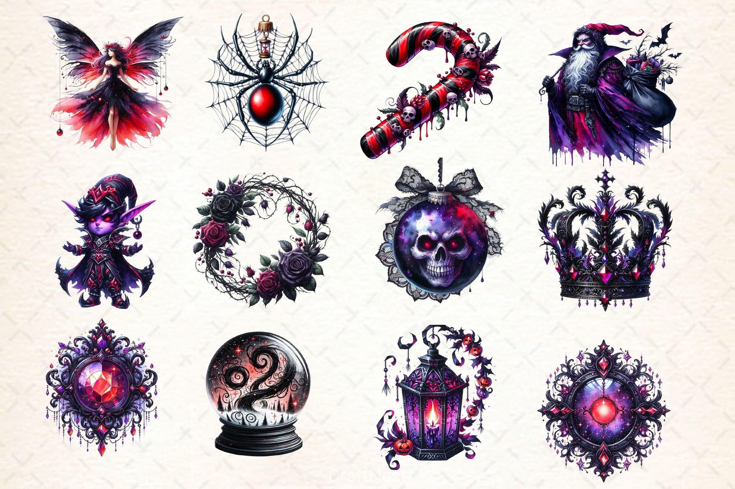 Gothic Christmas Ornaments Clipart Bundle