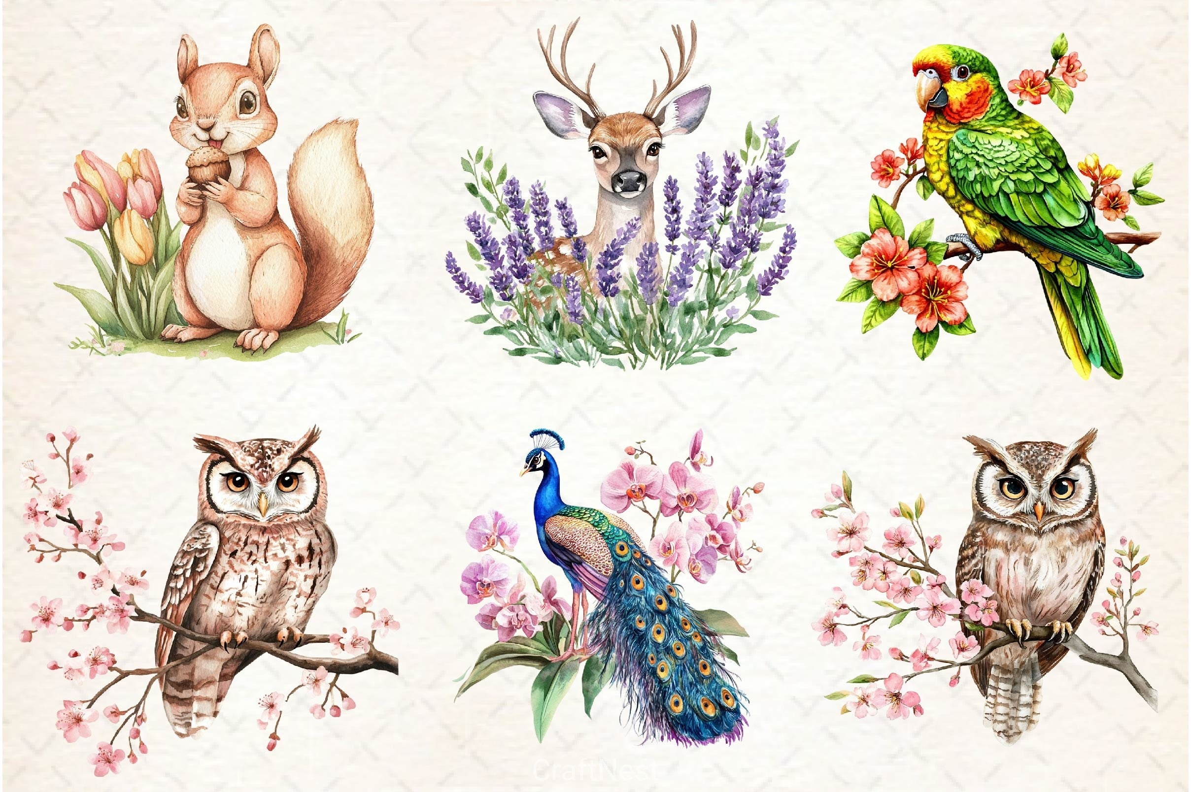 Vibrant Flowers Animals Clipart Bundle 2