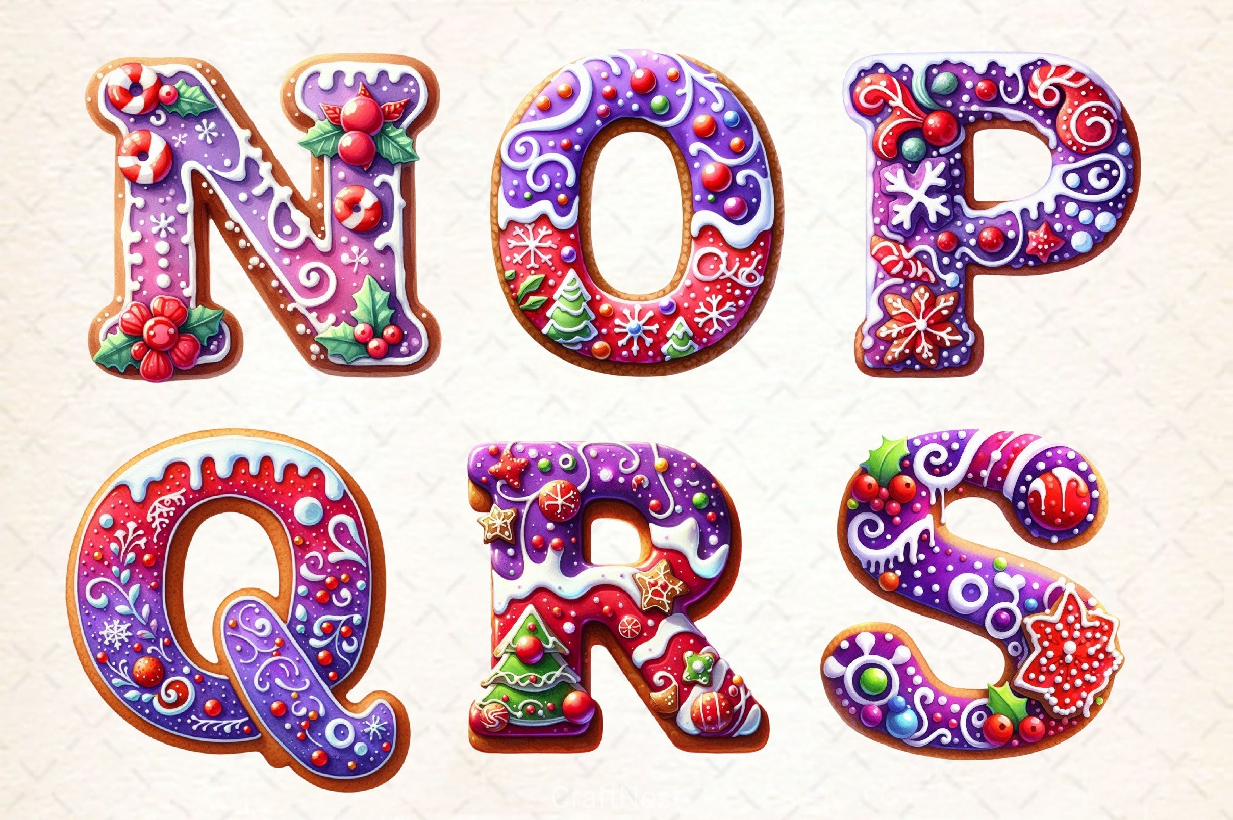 Purple Christmas Gingerbread Alphabet Clipart Bundle