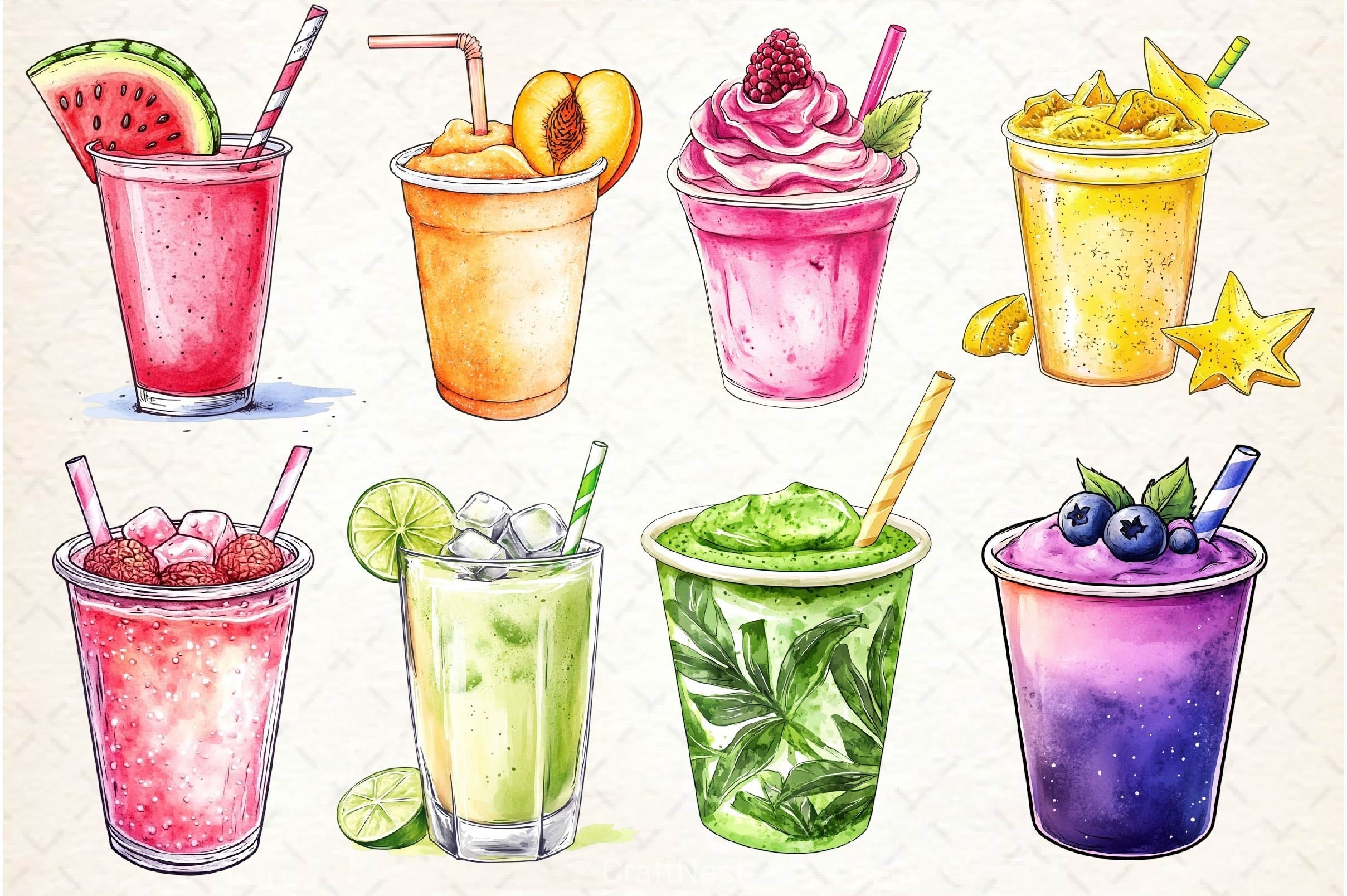 Summer Tropical Smoothie Cup Clipart Bundle 2