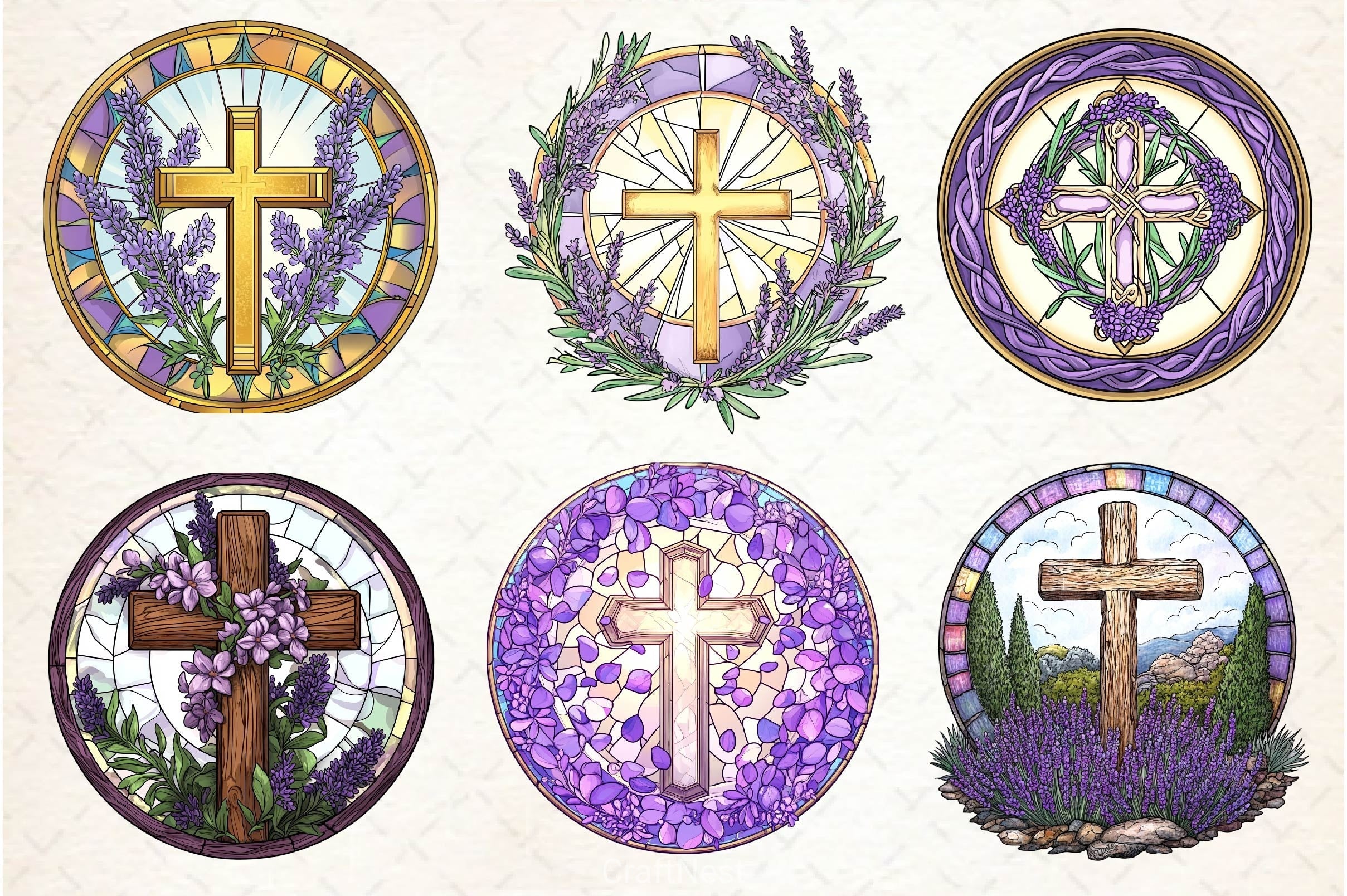 Lavender Blessing & Cross Faux Stained Glass Clipart Bundle
