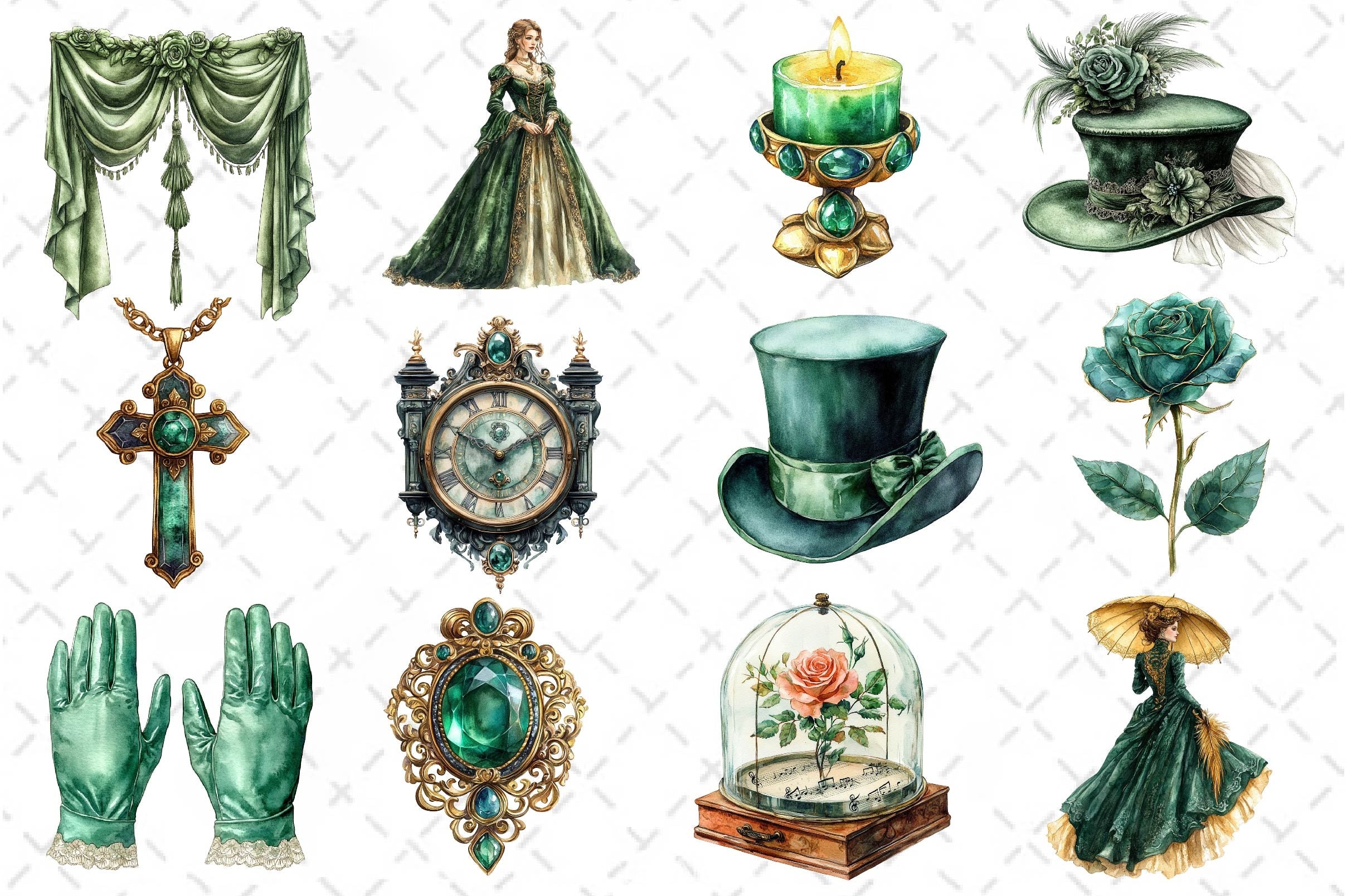 Green Emerald Victorian Clipart Bundle