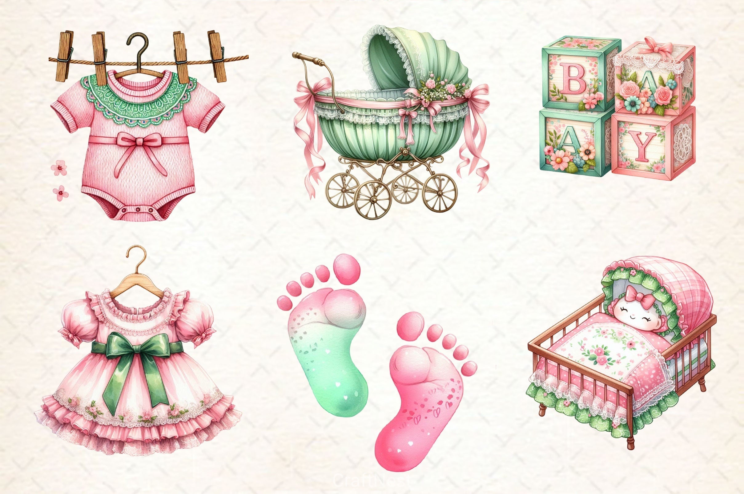 Pink & Green Coquette Baby Shower Clipart Bundle