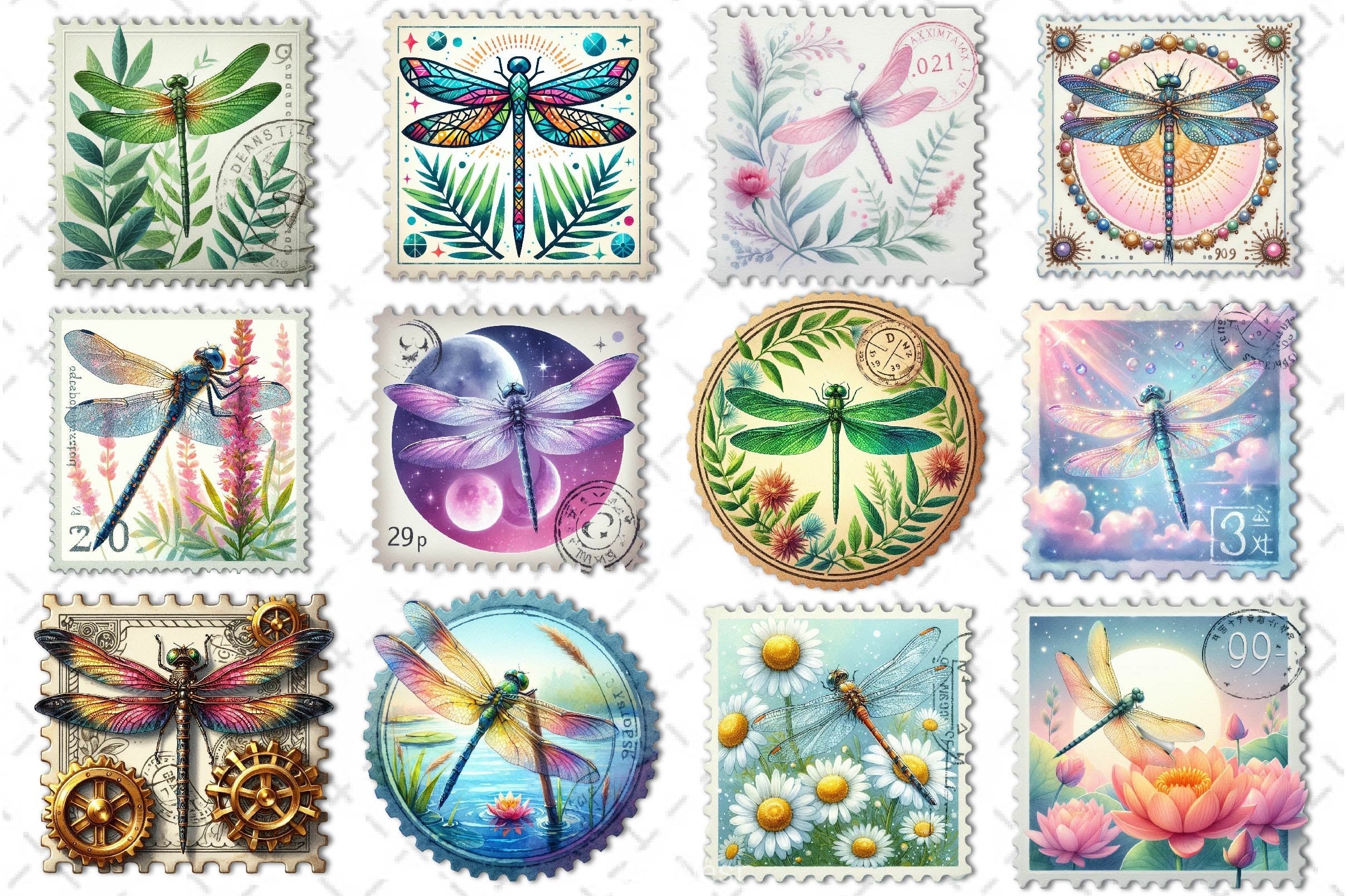 Dragonfly Postage Stamps Clipart Bundle