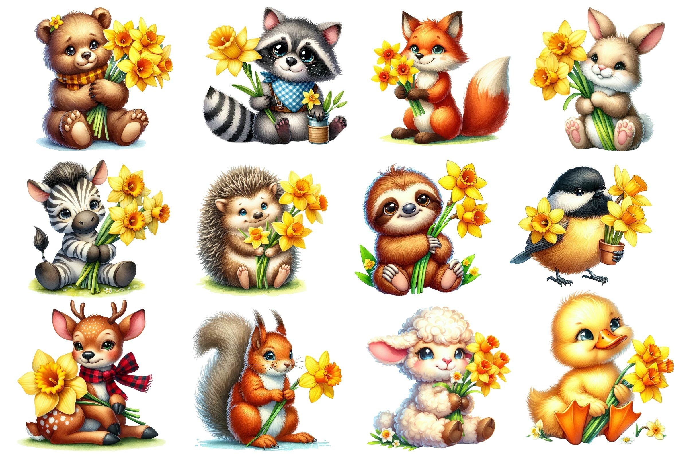 Cute Animals With Daffodils Flowers Clipart Bundle