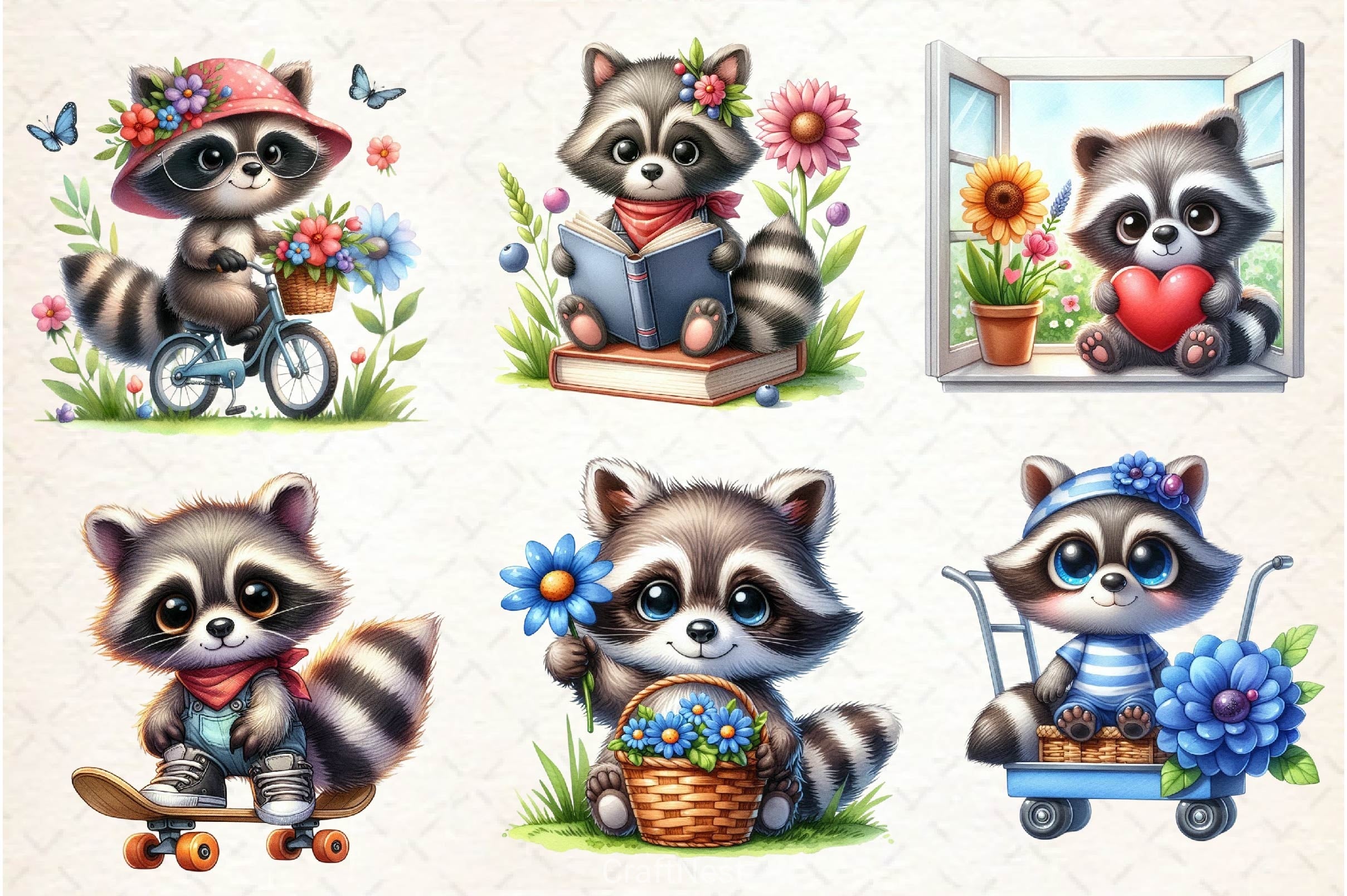 Spring Cute Raccoon Clipart Bundle