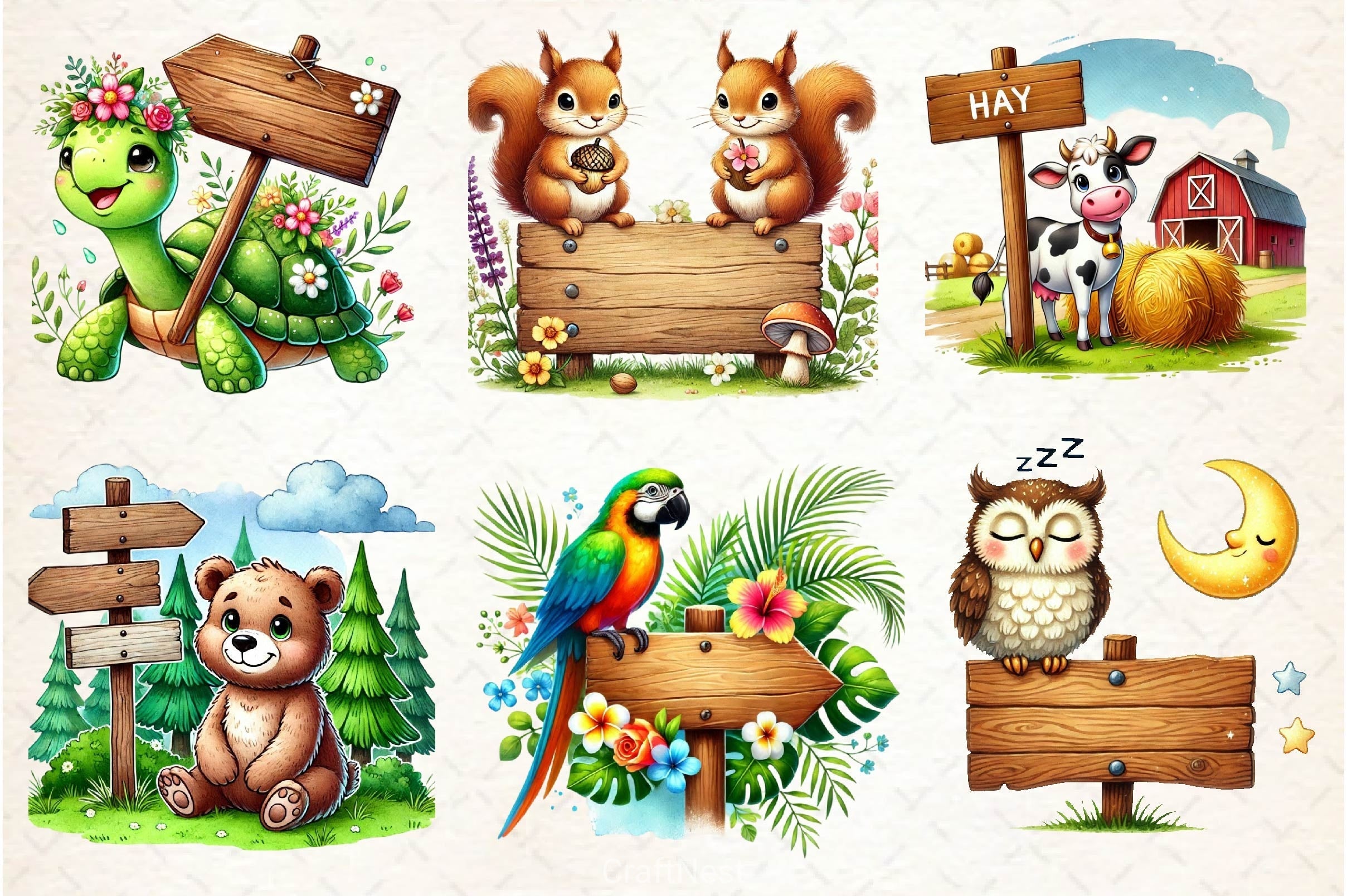 Animals With Wooden Signs Clipart Bundle