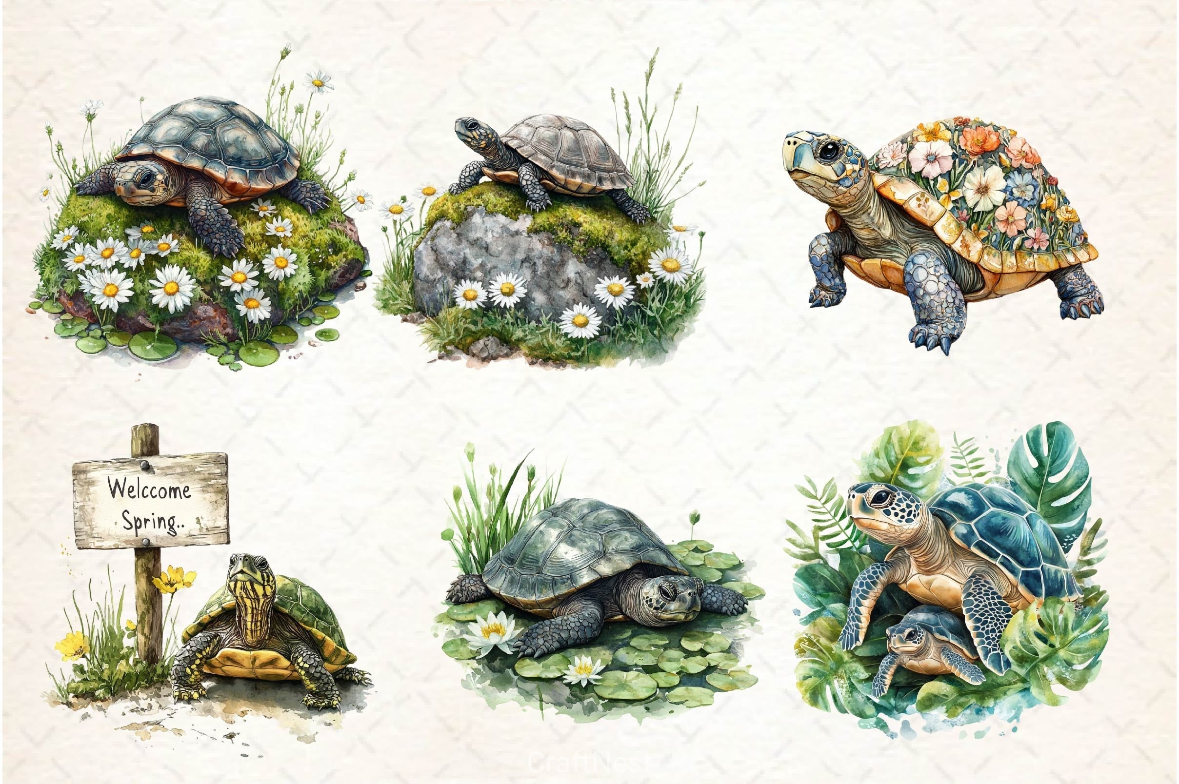 Spring Turtles Garden Clipart Bundle