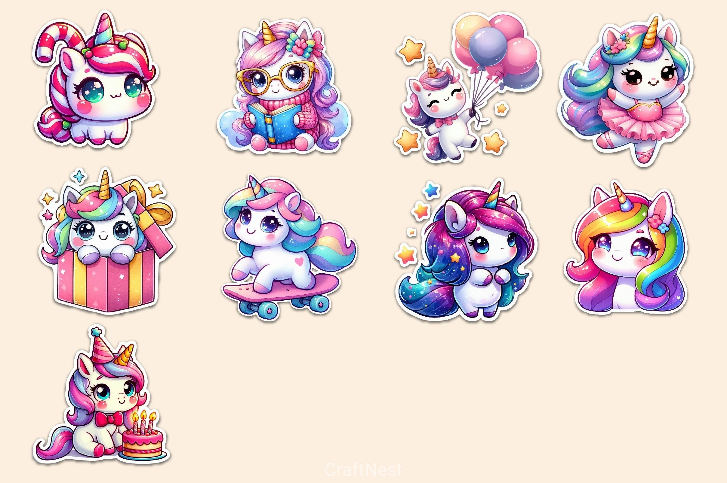 Kawaii Cute Unicorn Stickers Sticker Clipart Bundle