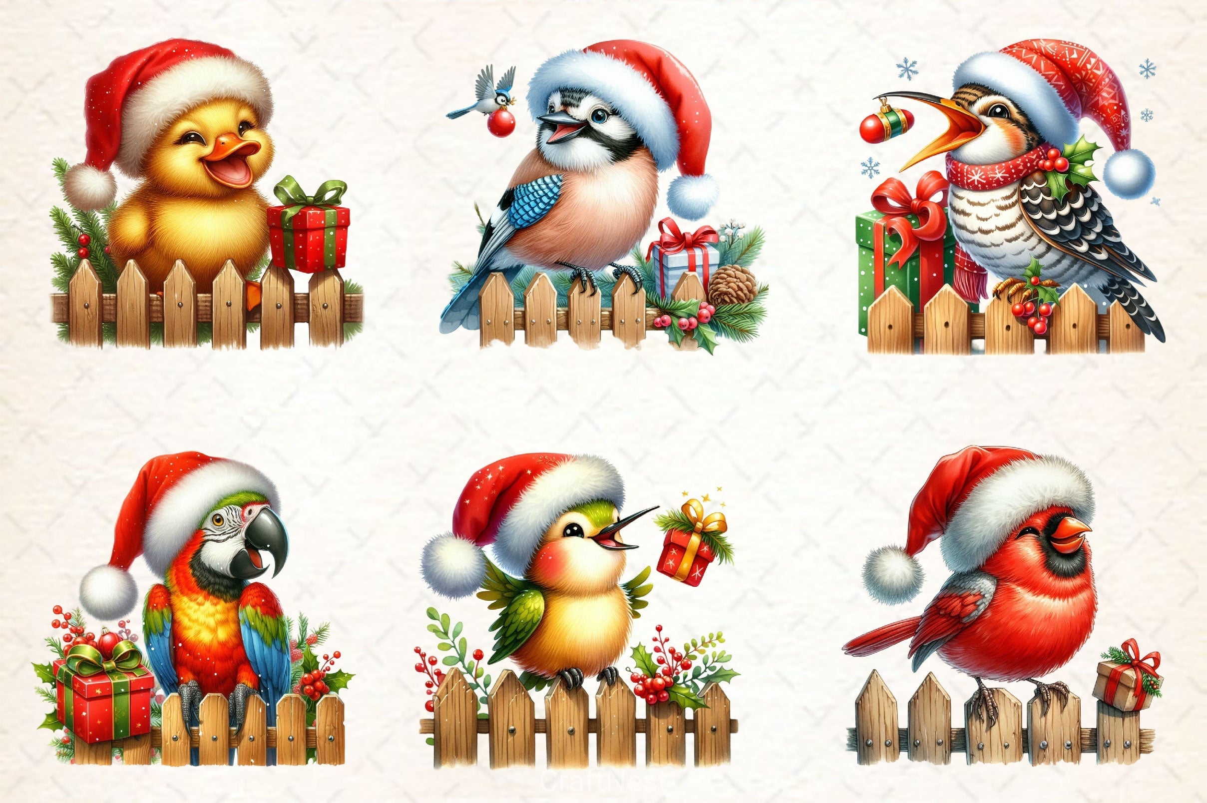 Funny Christmas Birds On Fence Clipart Bundle