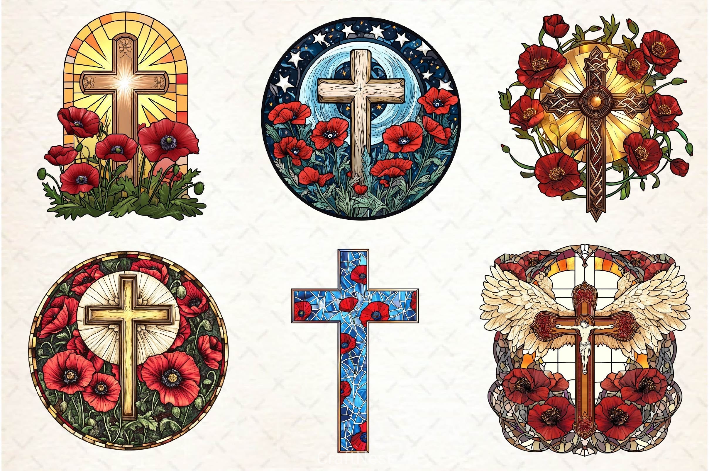 Poppy & Cross Faux Stained Glass Clipart Bundle