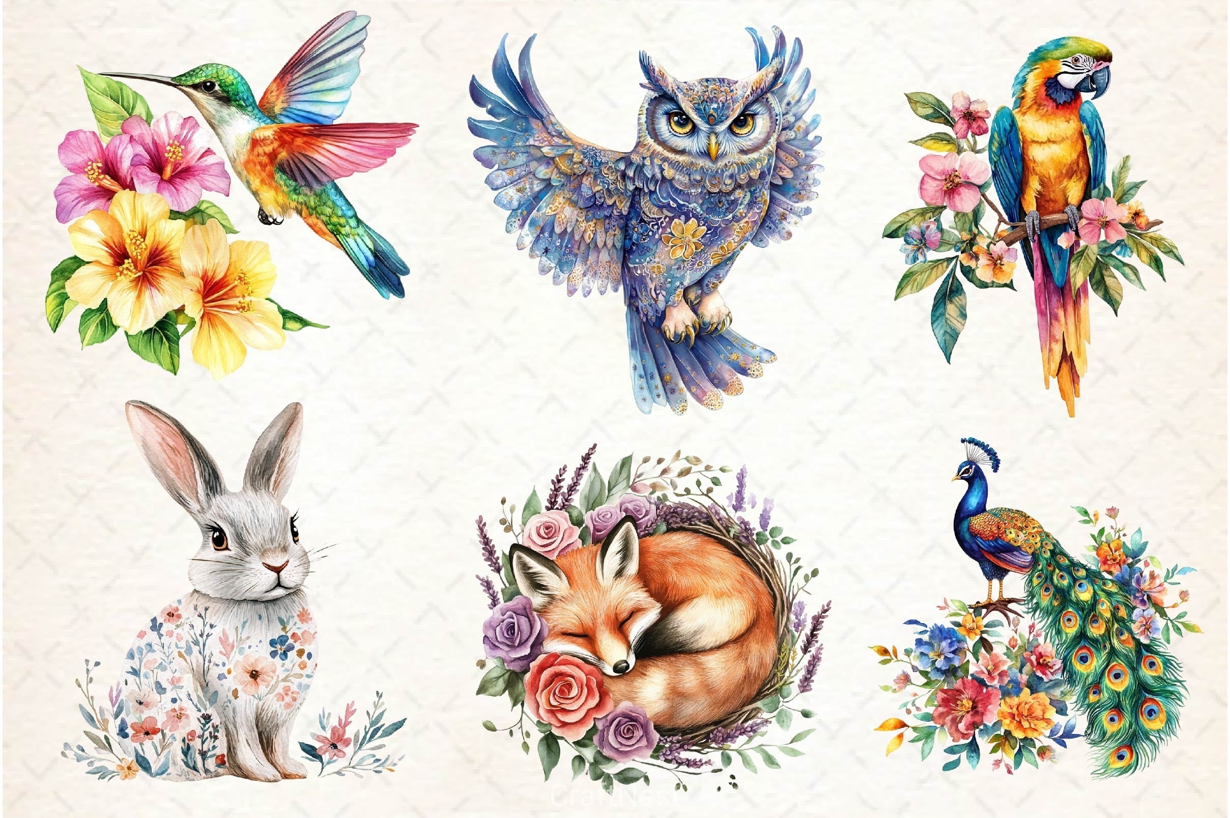 Vibrant Flowers Animals Clipart Bundle