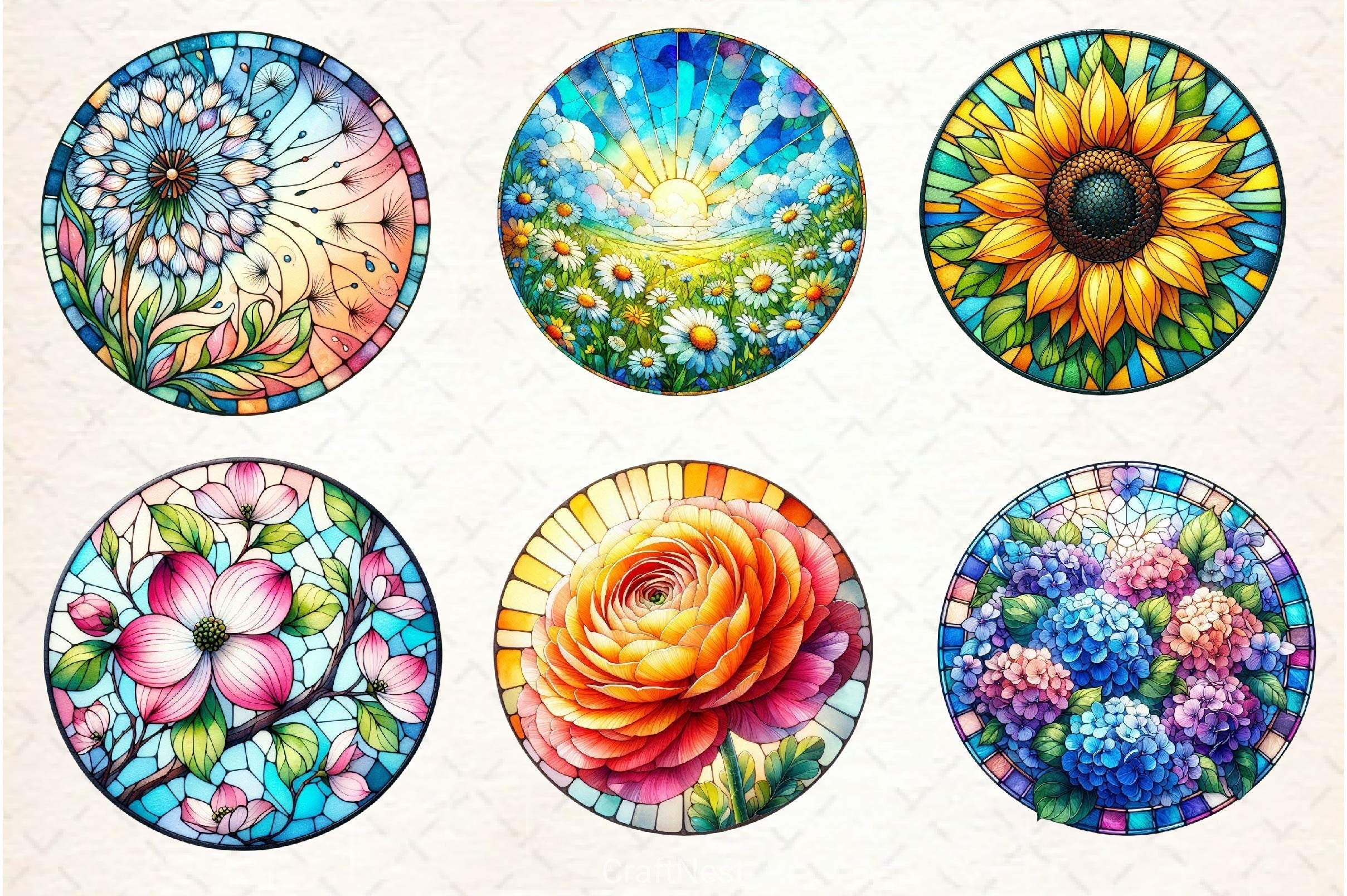 Round Stained Glass Spring Flower Clipart Bundle