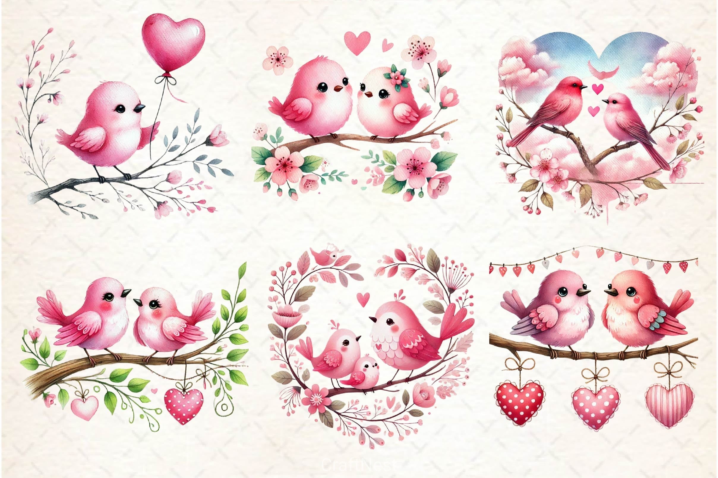 Pink Valentine Birds Clipart Bundle