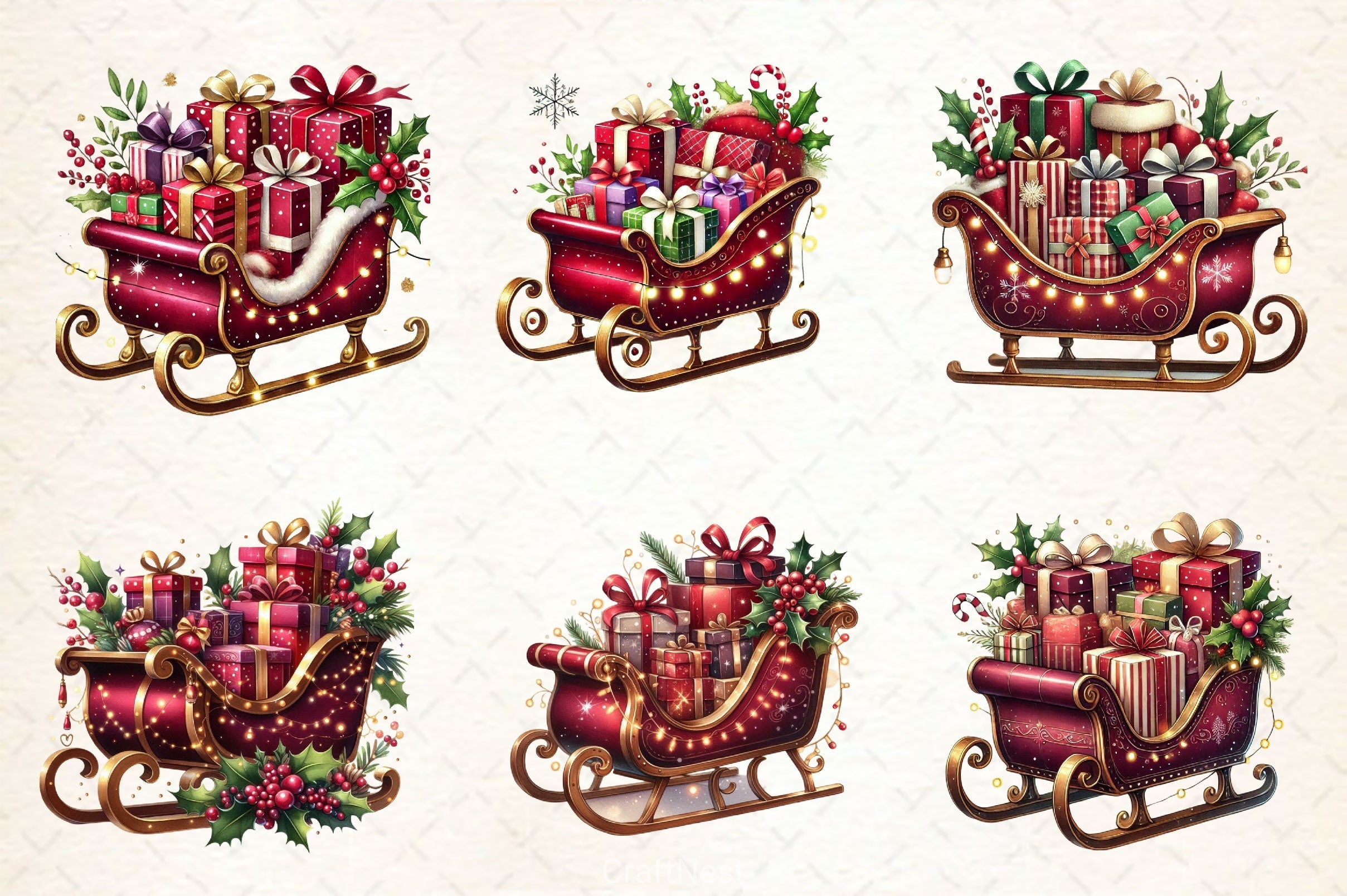Burgundy Christmas Sleigh Clipart Bundle