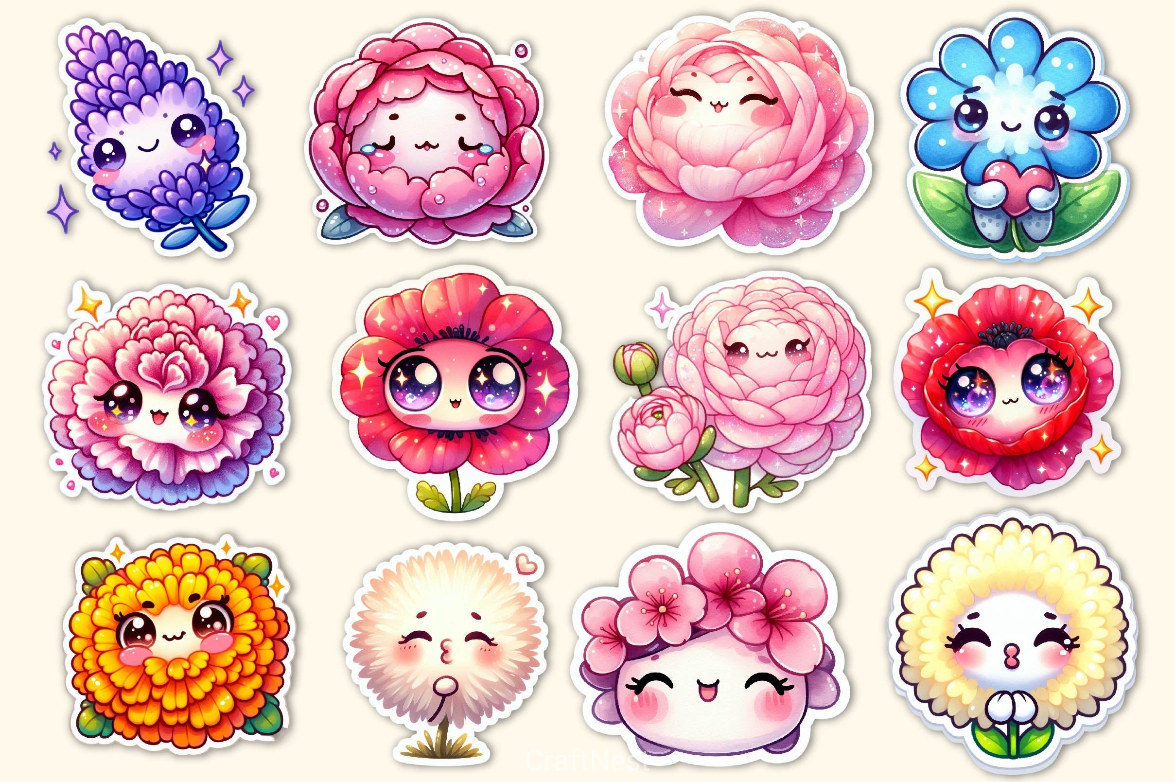 Kawaii Flowers Stickers Sticker Clipart Bundle