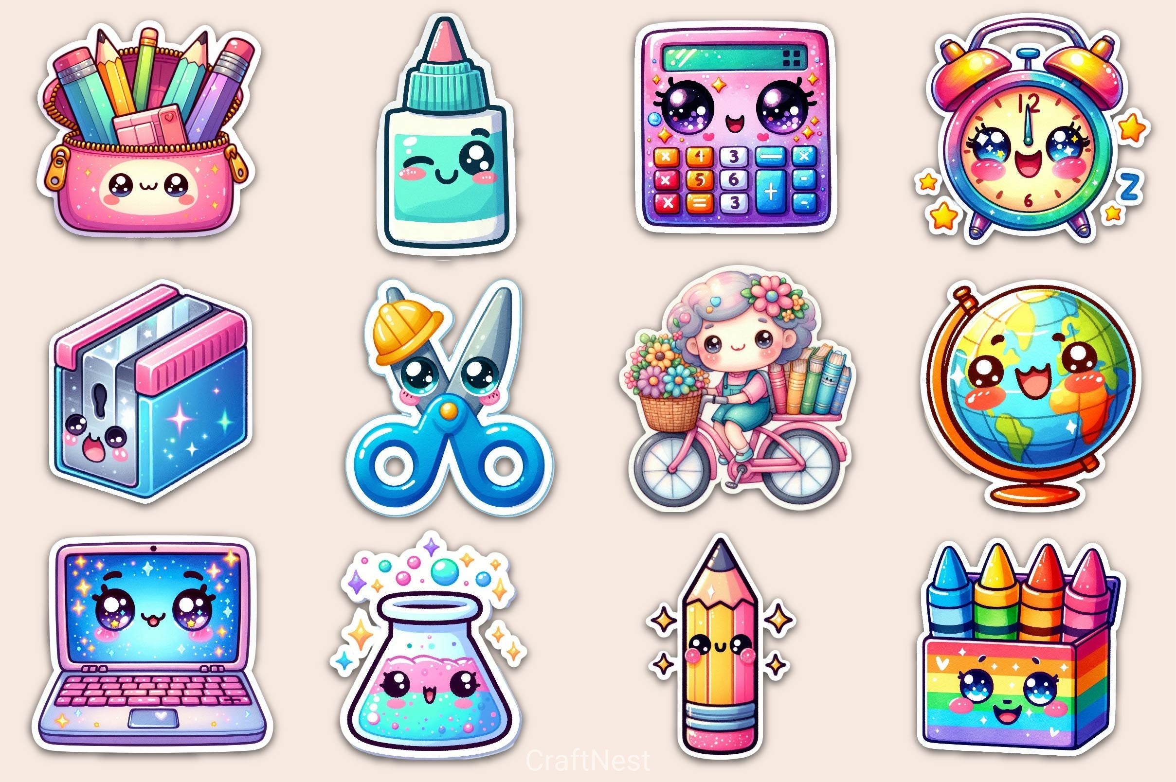 Kawaii School Stickers Clipart Bundle