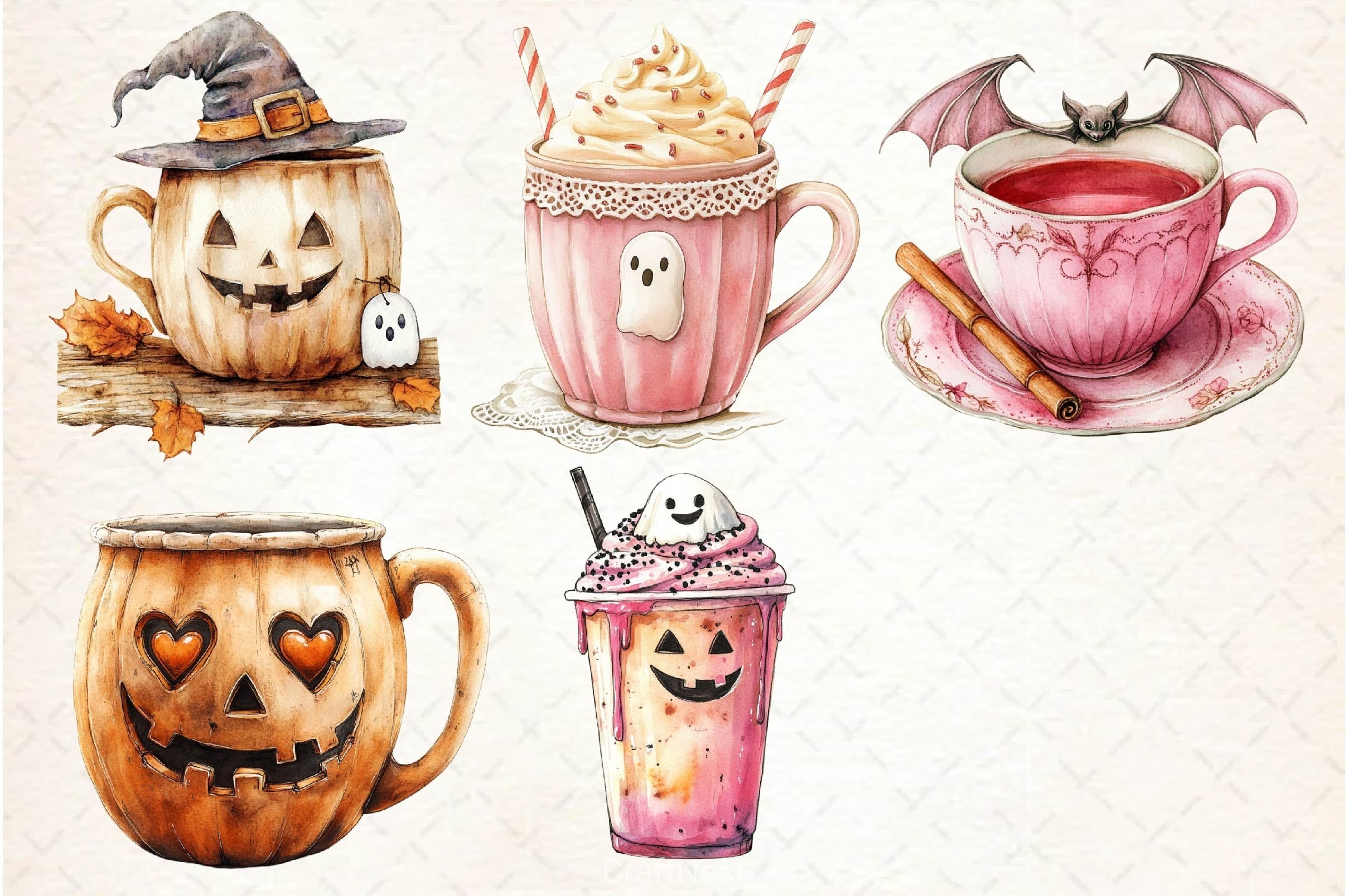 Pink Coquette Halloween Coffee Clipart Bundle