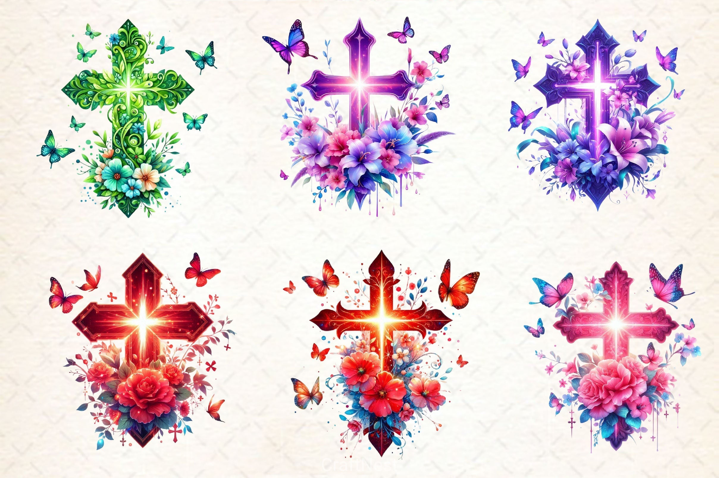 Glowing Floral Cross With Butterflies Clipart Bundle