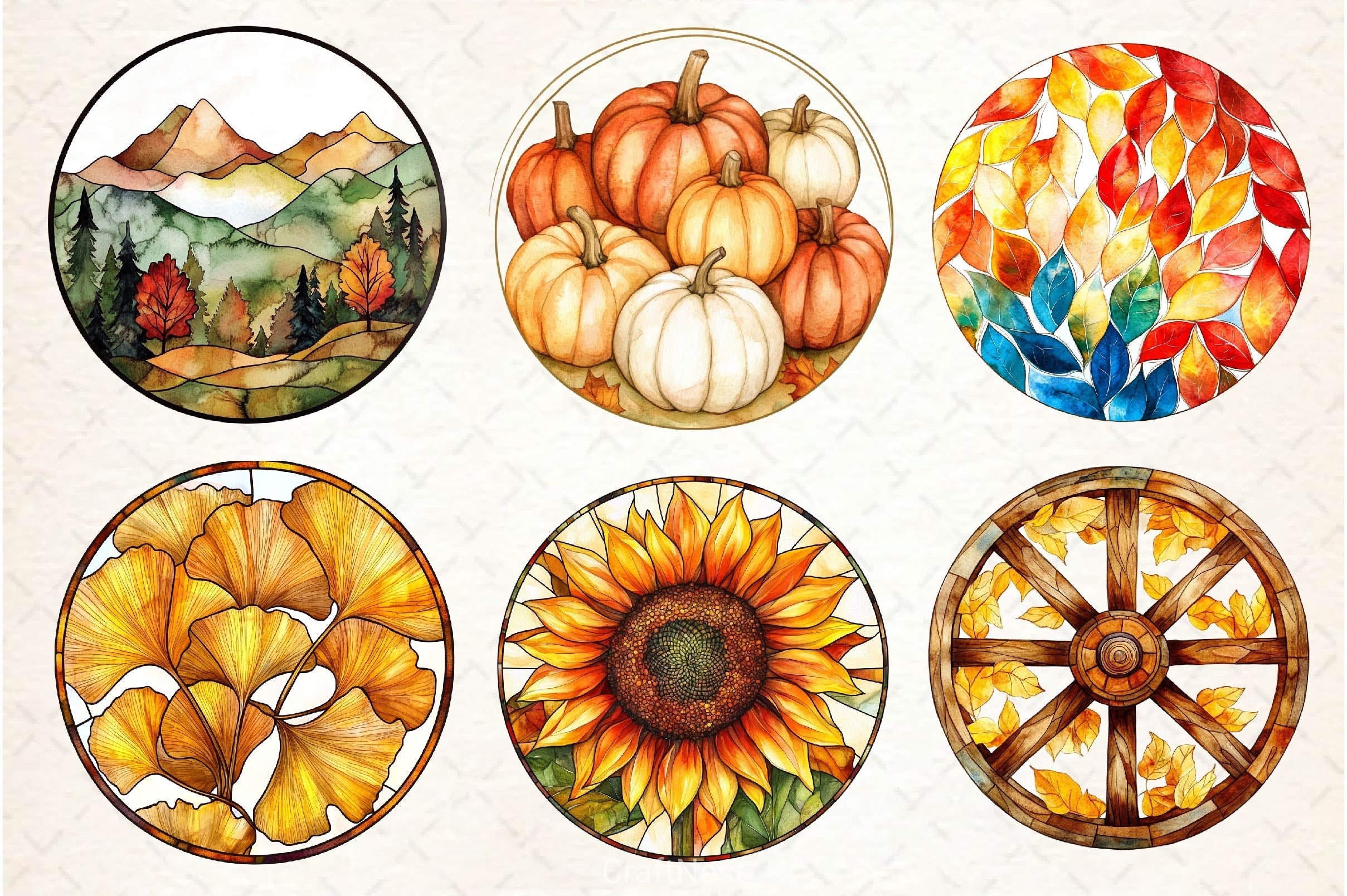 Round Stained Glass Autumn Clipart Bundle