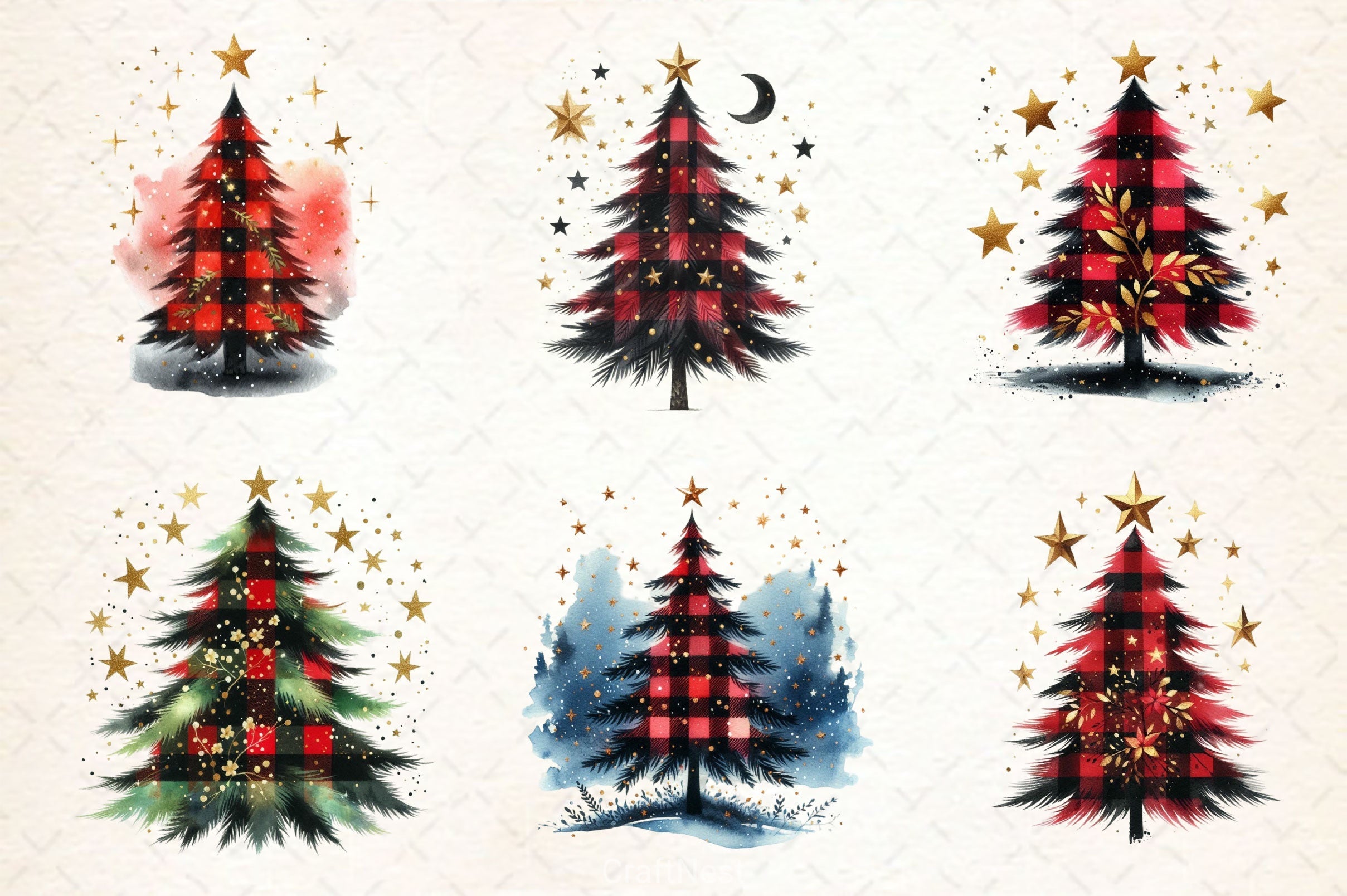 Black Red Plaid Christmas Tree Clipart Bundle