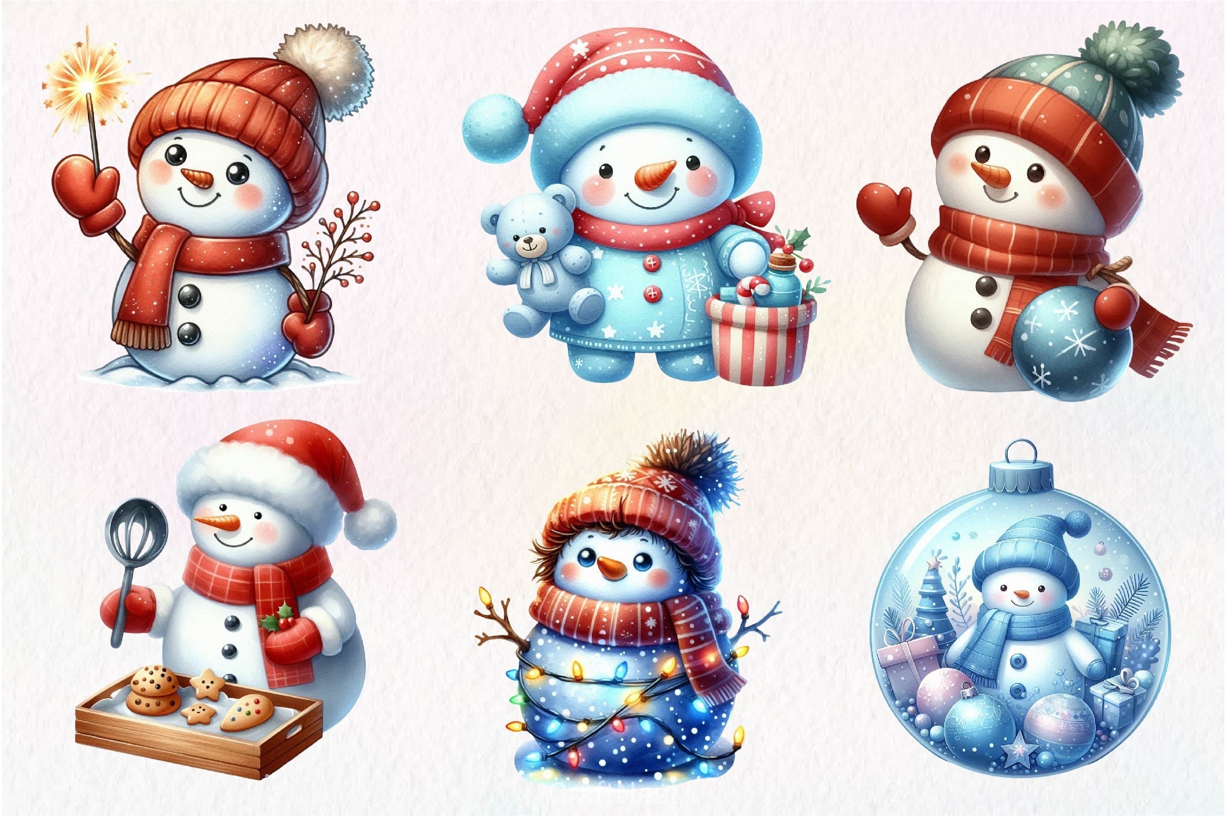 Christmas Pastel Blue Snowman Clipart Bundle