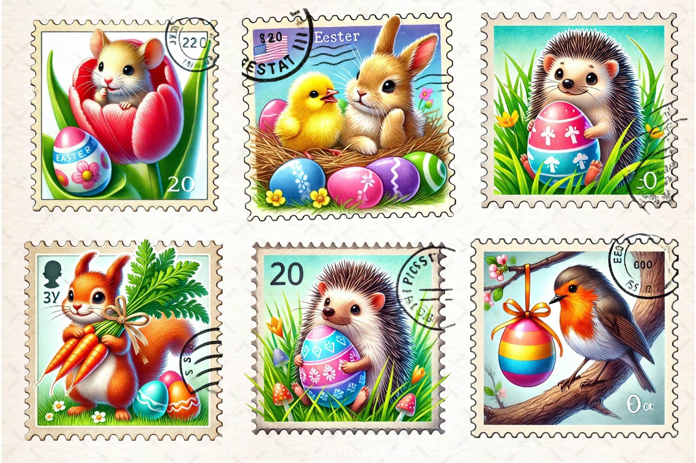 Easter Animals Postage Stamp Clipart Bundle 2