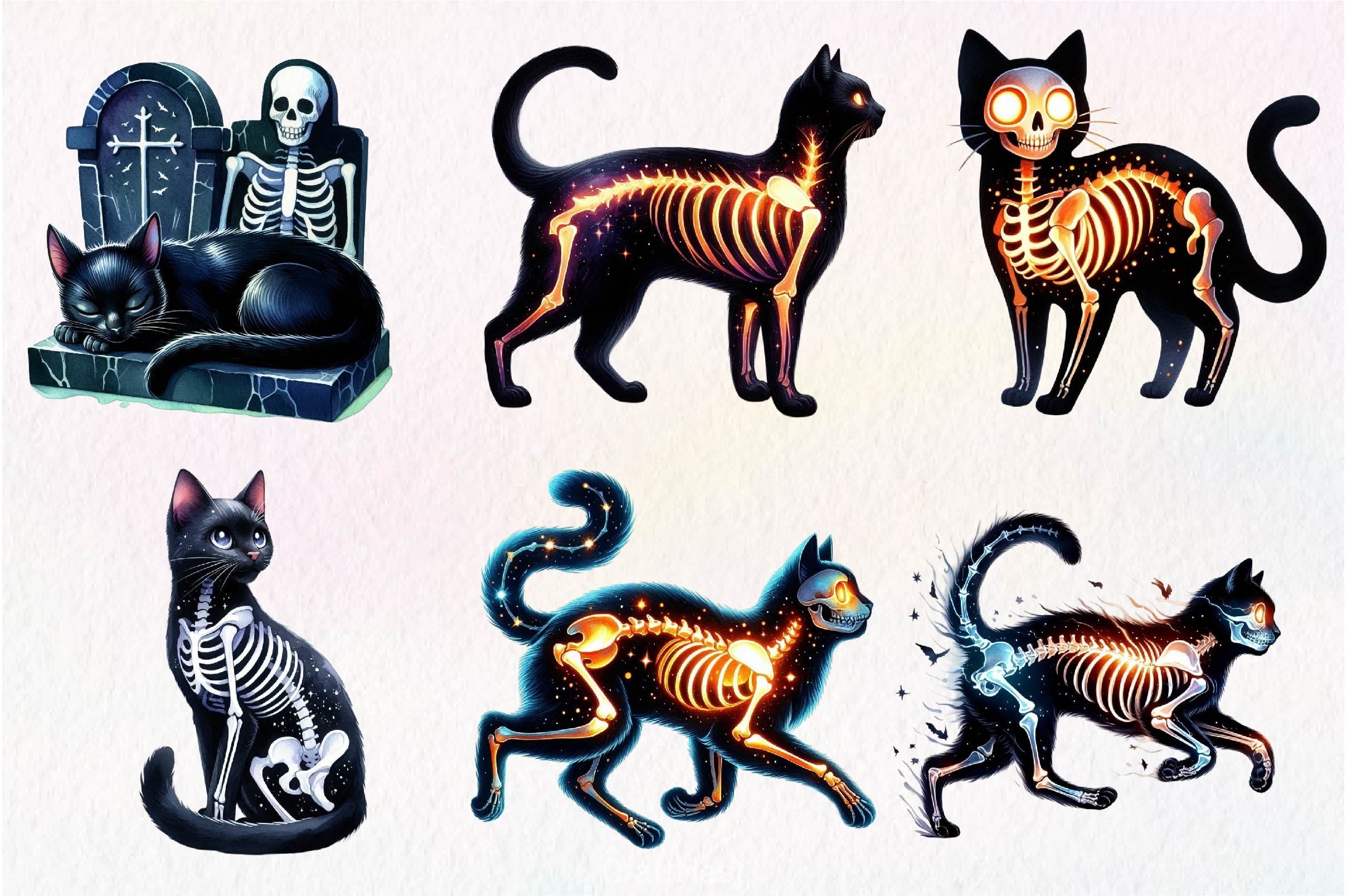 Skeleton Black Cat Clipart Bundle