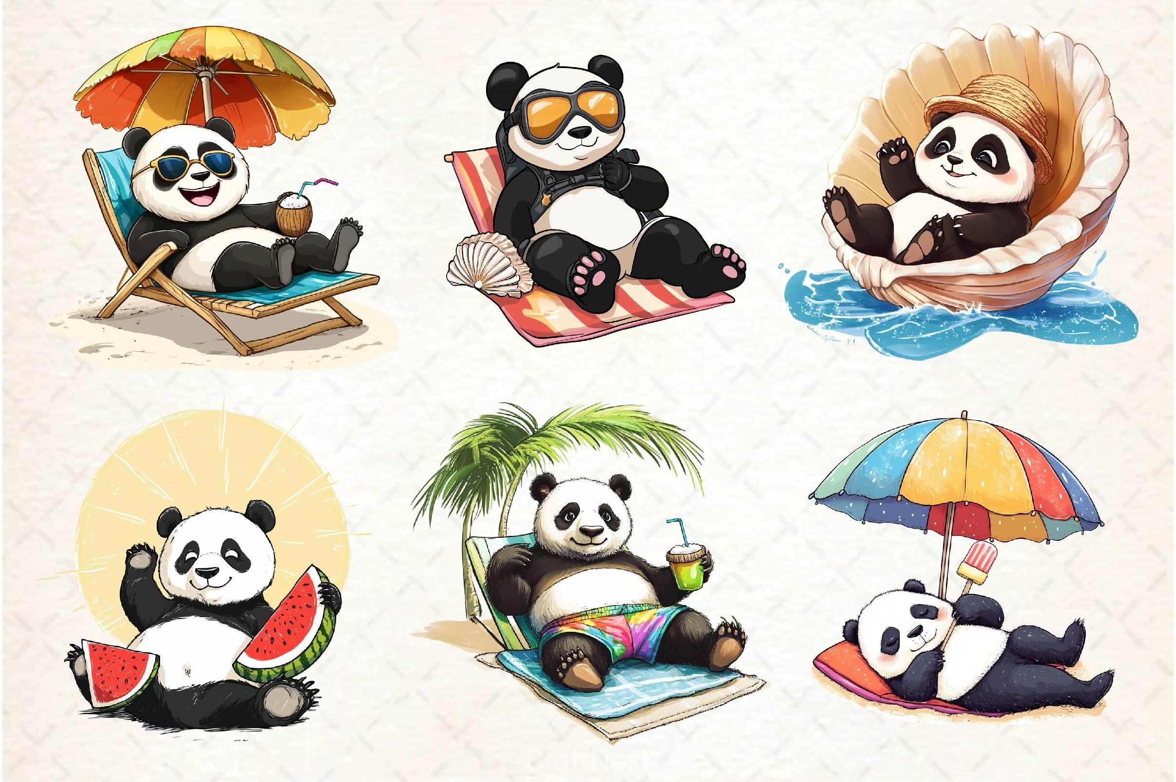 Funny Sunbathing Panda Clipart Bundle 2