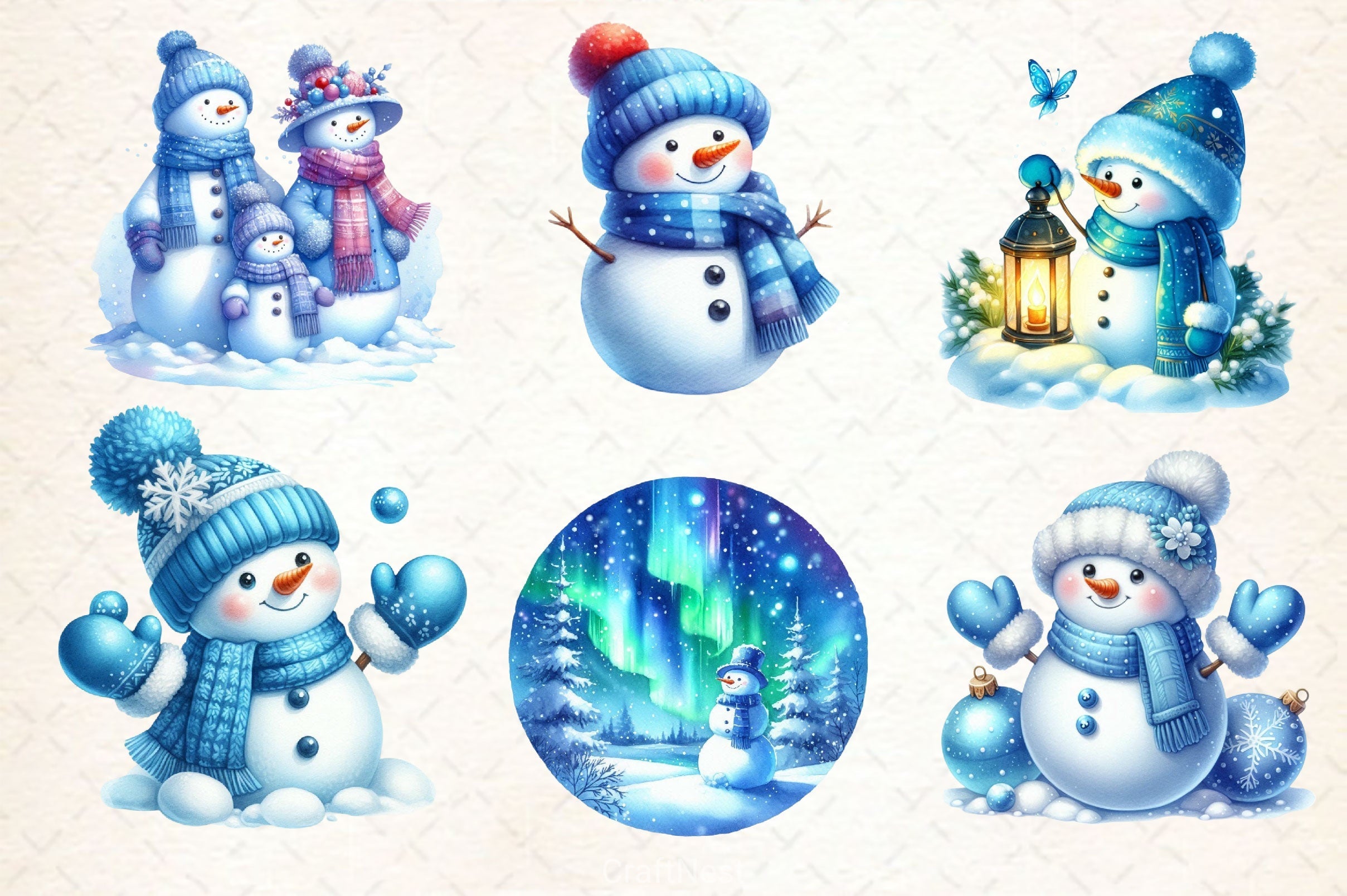 Blue Christmas Snowman Clipart Bundle 2