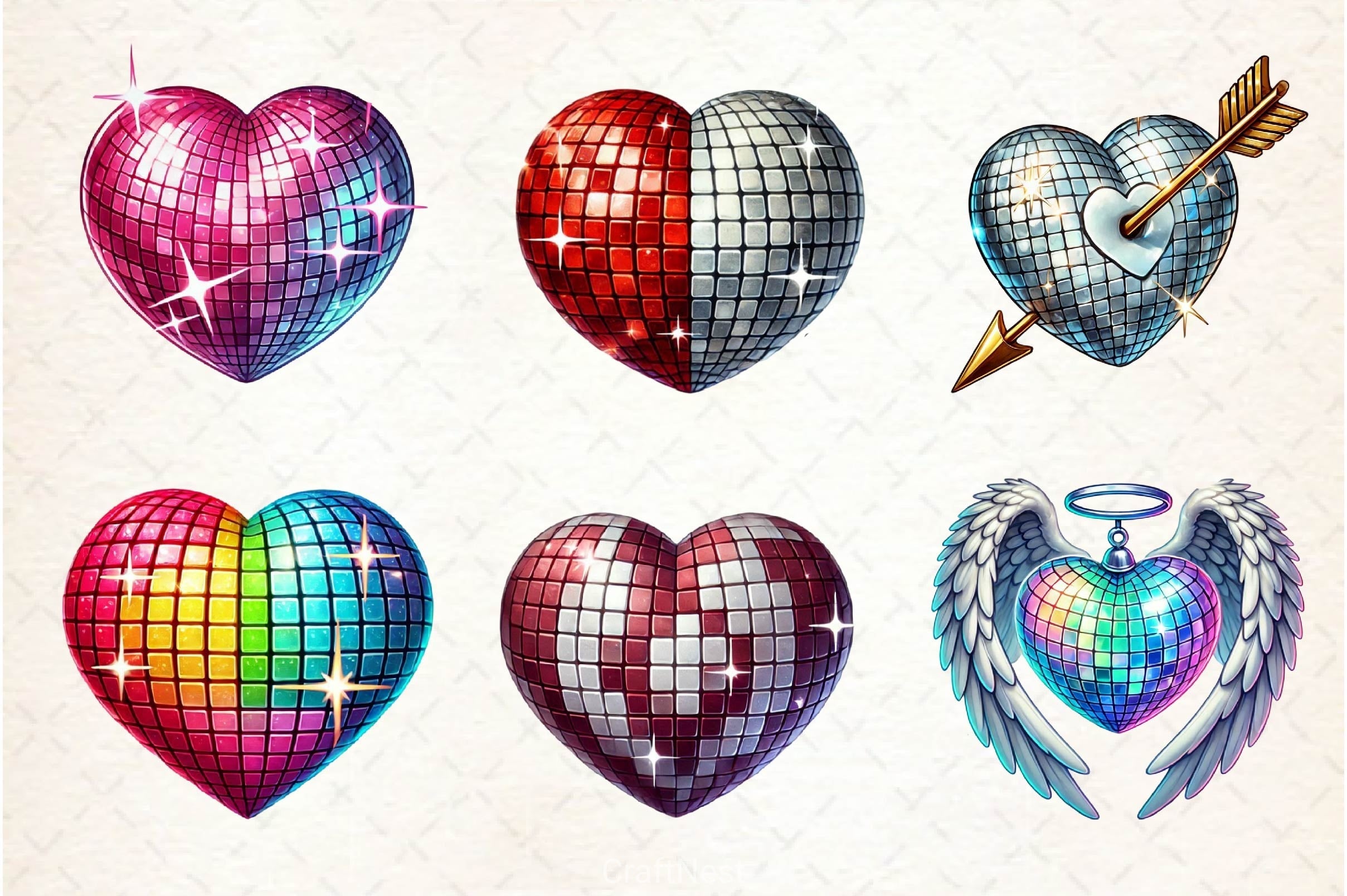 Valentines Day Disco Heart Clipart Bundle 3