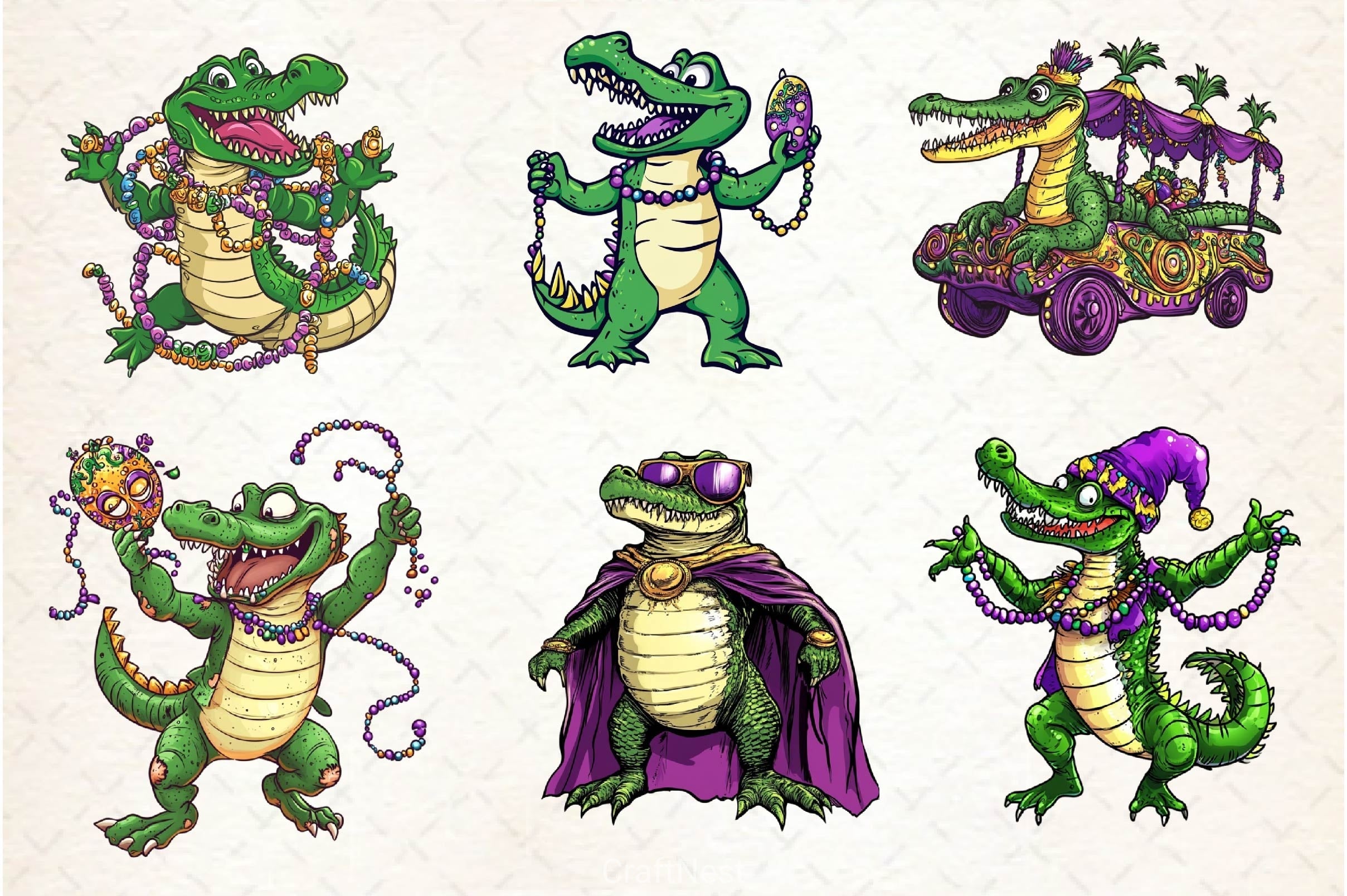 Mardi Gras Crocodile Clipart Bundle 2