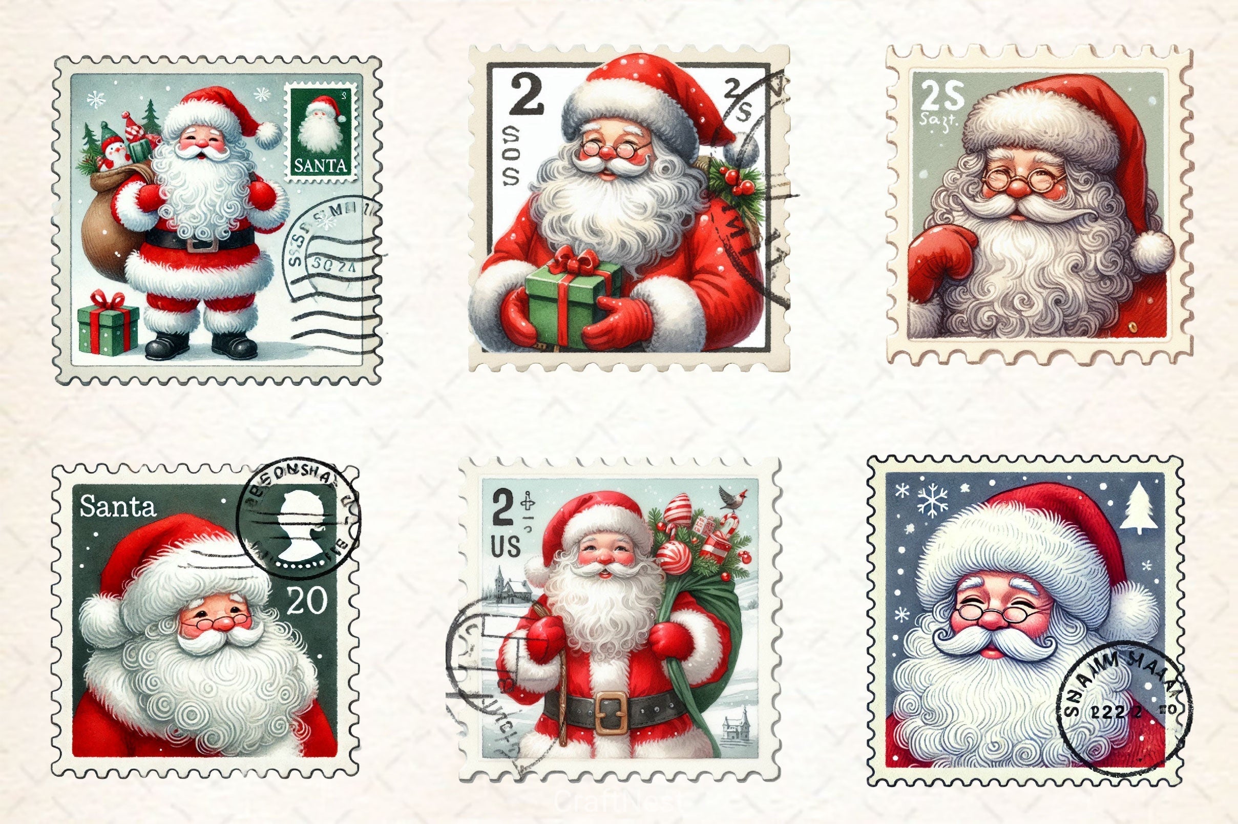 Postage Stamp Santa Claus Clipart Bundle 2