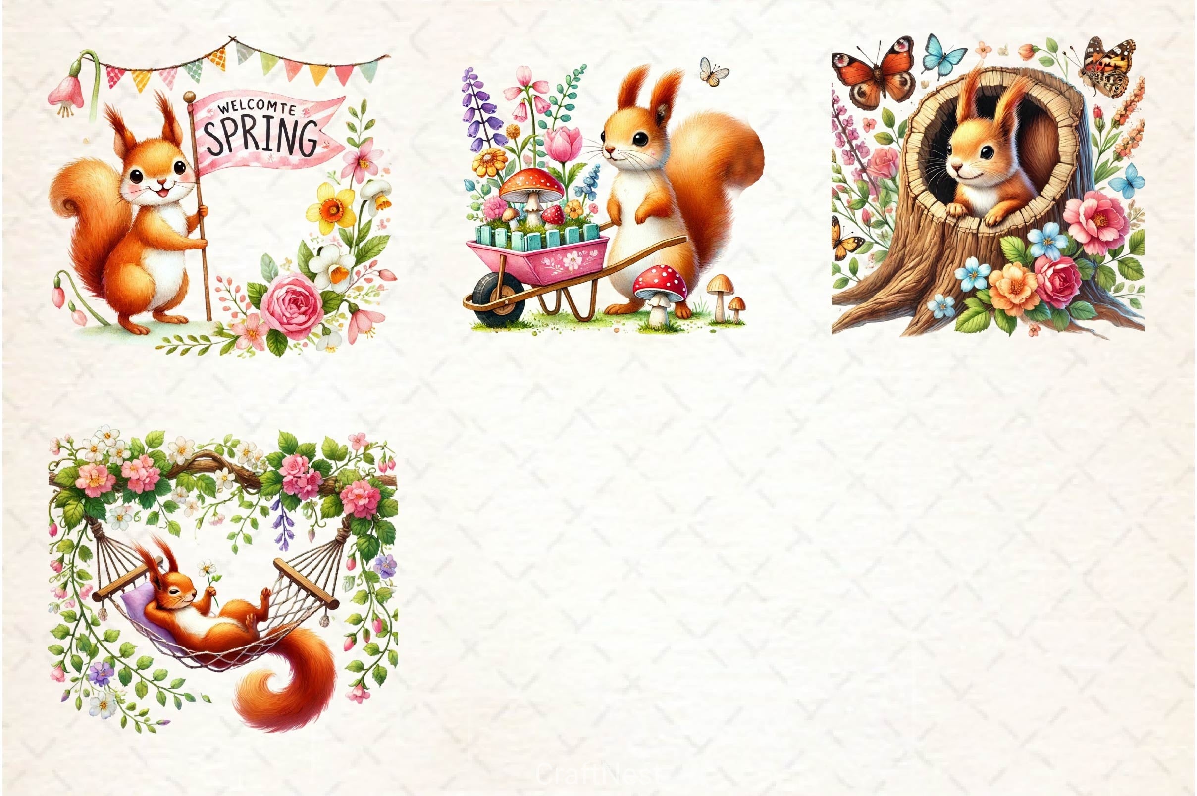 Spring Squirrel Garden Clipart Bundle 2