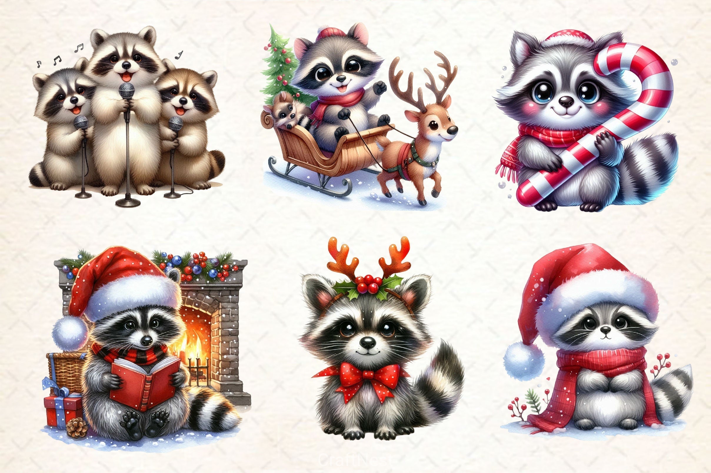 Christmas Raccoon Clipart Bundle 2