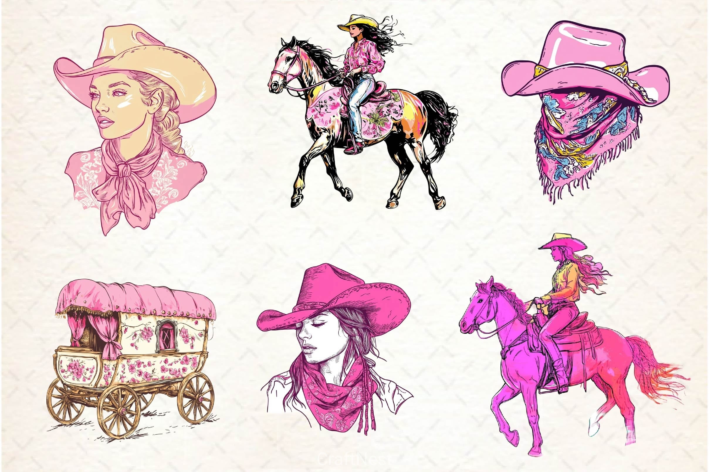 Pink Chinoiserie Cowgirl Clipart Bundle 2