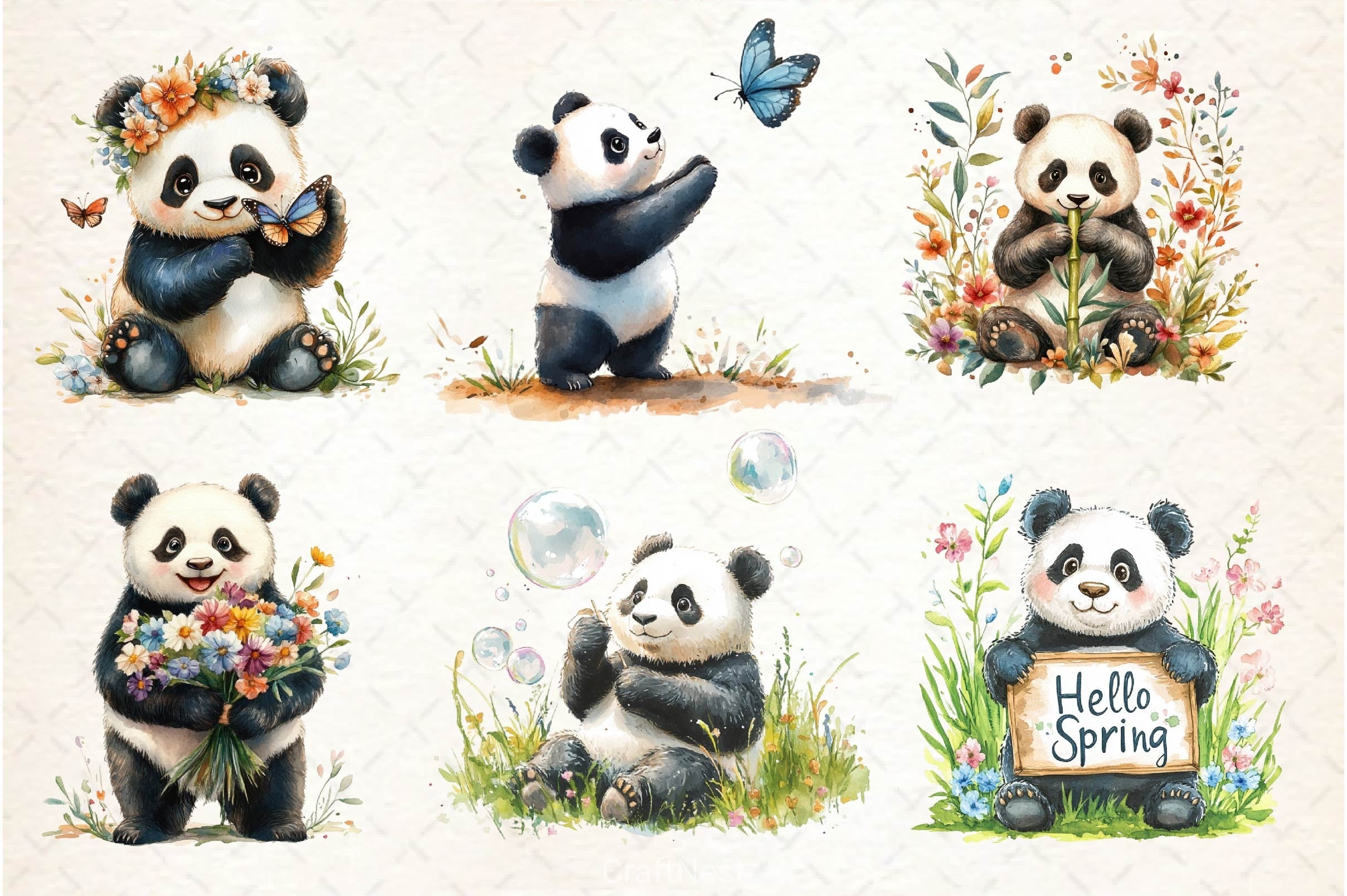 Cute Spring Panda Clipart Bundle 2